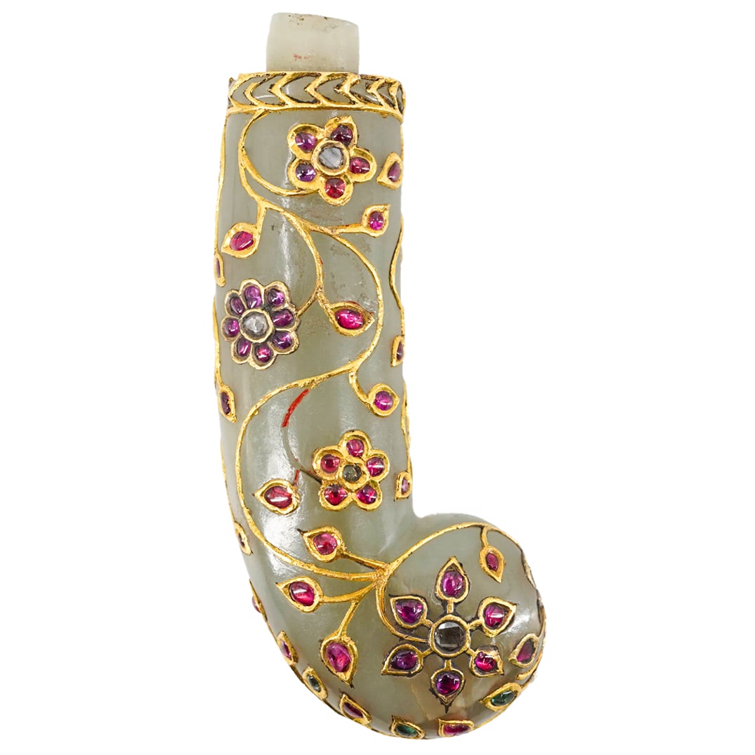 18th Century Mughal Jade, Gold, And Ruby Flower Handle: 18th Century Mughal Jade, Gold, And Ruby Flower Handle 18th cent. Southeast Asia Antique Mughal empire carved jade handle fashioned as a curl adorned with gold foliage ending in ruby inset leaves and 