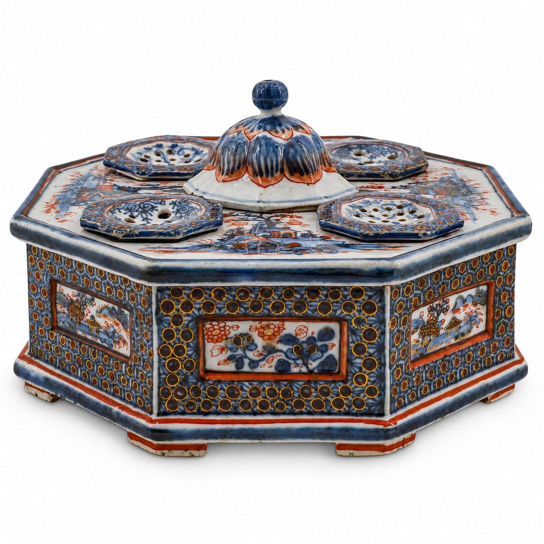 18th Cent. Chinese Export Imari Porcelain Desk Set: 18th Cent. Chinese Export Imari Porcelain Desk Set 18th cent. China Antique export Imari porcelain desk set featuring doucai/clobbered scenes of waterside houses and flowering branches and sporting fo