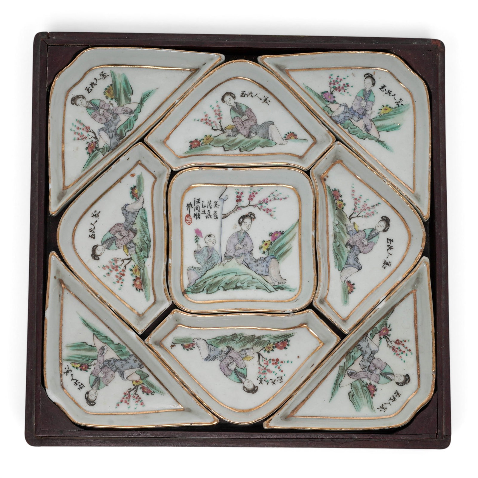 (9 pc) Chinese Famille Rose Porcelain Sweetmeat Set w/Box (1 of 8)