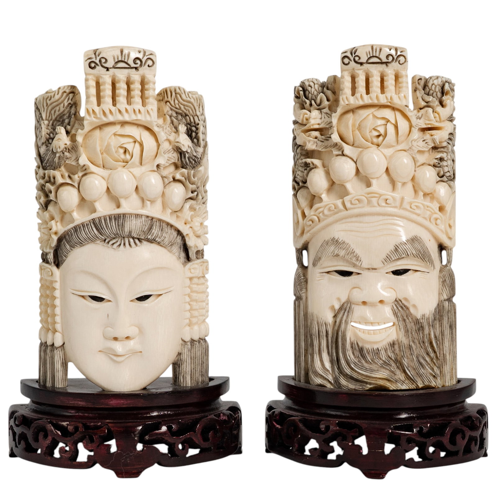 Pair Chinese Emperor & Empress Carved Bone Statuettes (1 of 4)