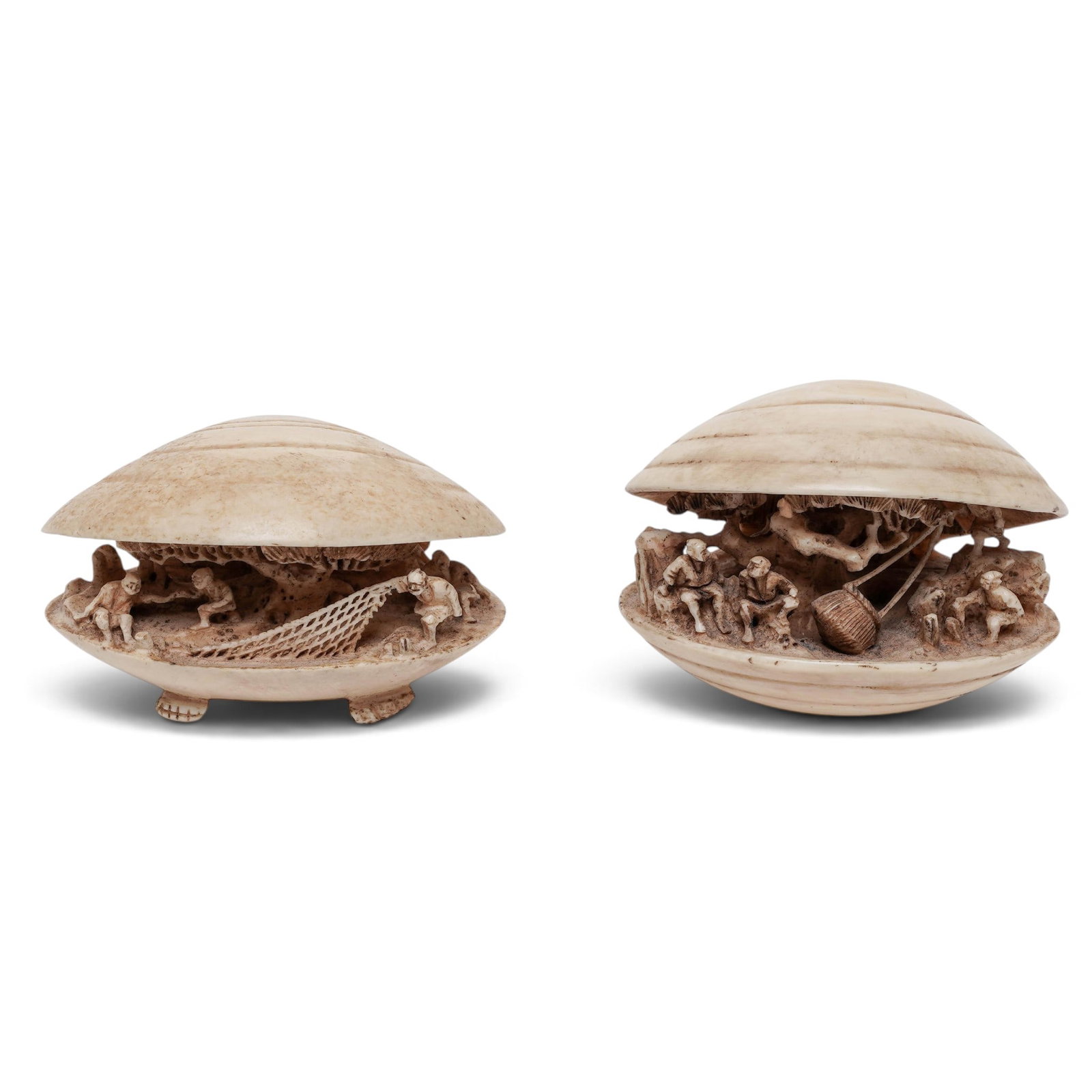 (2 pc) Japanese Carved Bone Okimono Clam Shells (1 of 6)