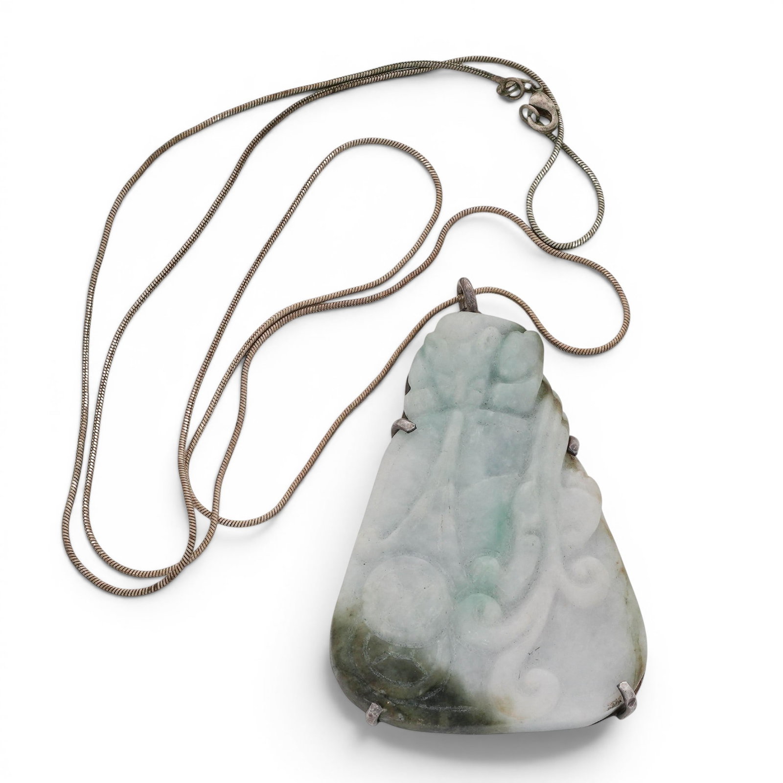 Chinese Carved Jadeite & Sterling Pendant Necklace (1 of 9)