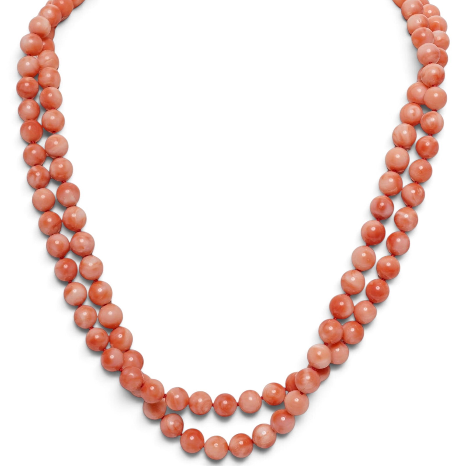 Vintage 18K Gold & Salmon Coral Beaded Necklace: Vintage 18K Gold & Salmon Coral Beaded Necklace 20th Century A double-strand necklace composed of graduated polished salmon coral beads completed with an engraved 18K yellow gold box clasp. The clasp 