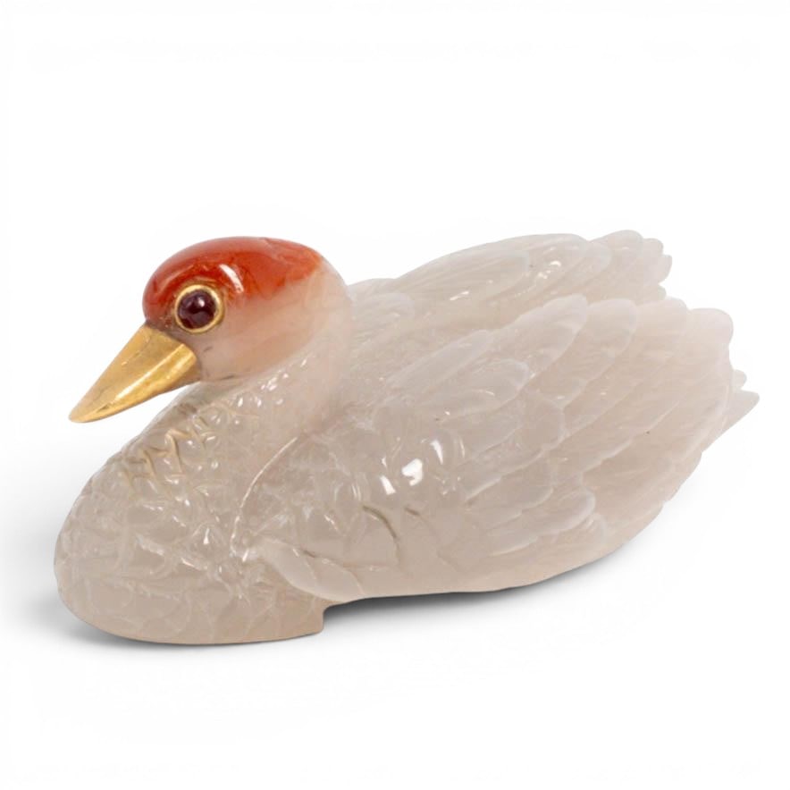 Russian Faberge Era Agate, 14k Gold & Ruby Carved Goose