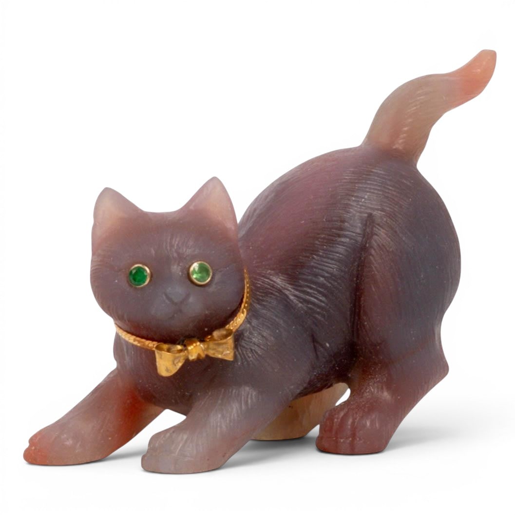 Russian Faberge Era Agate, Garnet & 14k Gold Carved Cat (1 of 10)