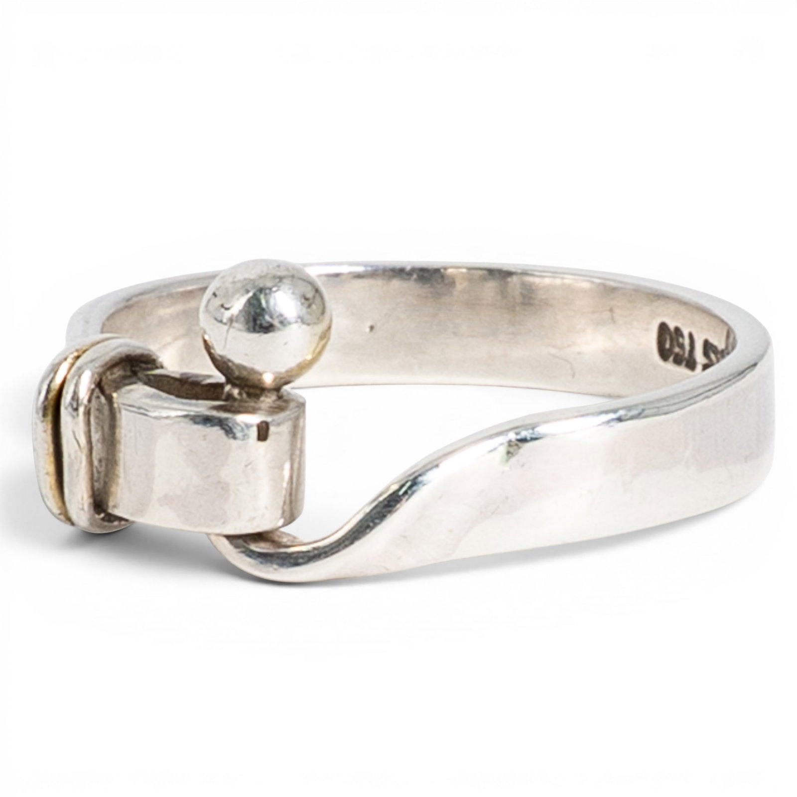 Tiffany & Co. Hook & Eye Sterling Silver & 18k Gold Ring: Tiffany & Co. Hook & Eye Sterling Silver & 18k Gold Ring 1990s, USA Tiffany & Co. Hook & Eye ring crafted in sterling silver with an 18k white gold hook wrap accent and ball detail. Features the iconi