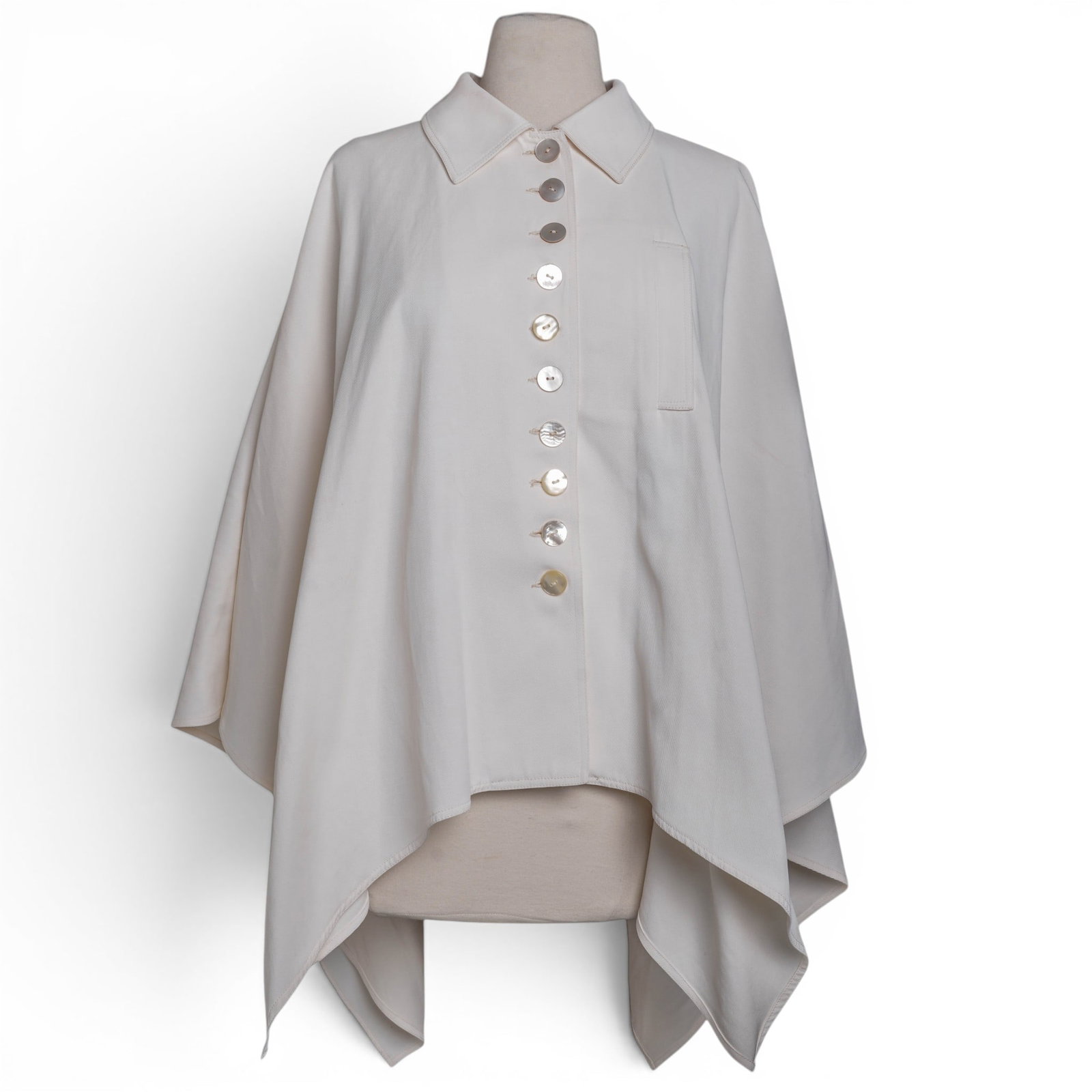 Vintage Fendi Women's White Cape: Vintage Fendi Women's White Cape Late 20th Cent, Italy This vintage Fendi cape is crafted from a structured, stiff white cotton canvas, and features plain, unbranded opaque white and off-white buttons