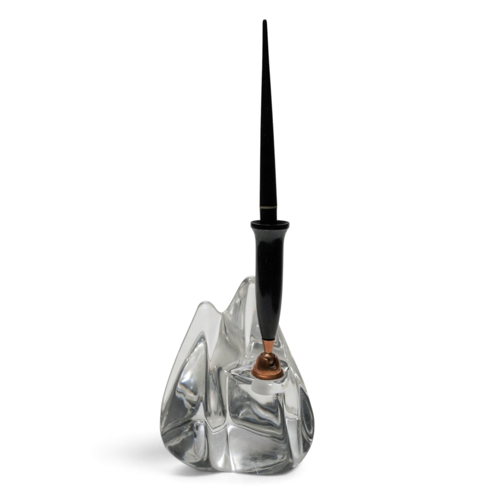 Vintage Daum Crystal Pen Holder & Paperweight: Vintage Daum Crystal Pen Holder & Paperweight c. 1950s, France Vintage Daum Crystal pen holder and paperweight from the 1950s. The set includes a black ballpoint pen with gold accents that rests in a 