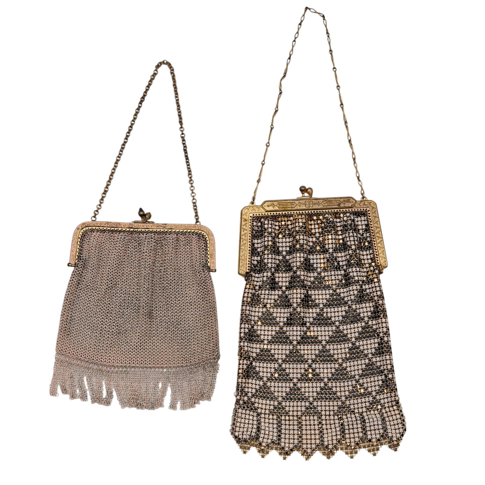 (2 pc) Whiting & Davis and Antique German Mesh Purses: (2 pc) Whiting & Davis and Antique German Mesh Purses Late 19th - Early 20th Cent, USA/Germany One Whiting & Davis Co El Sah mesh purse, white and black triangle monochrome patters, with hexagonal geo