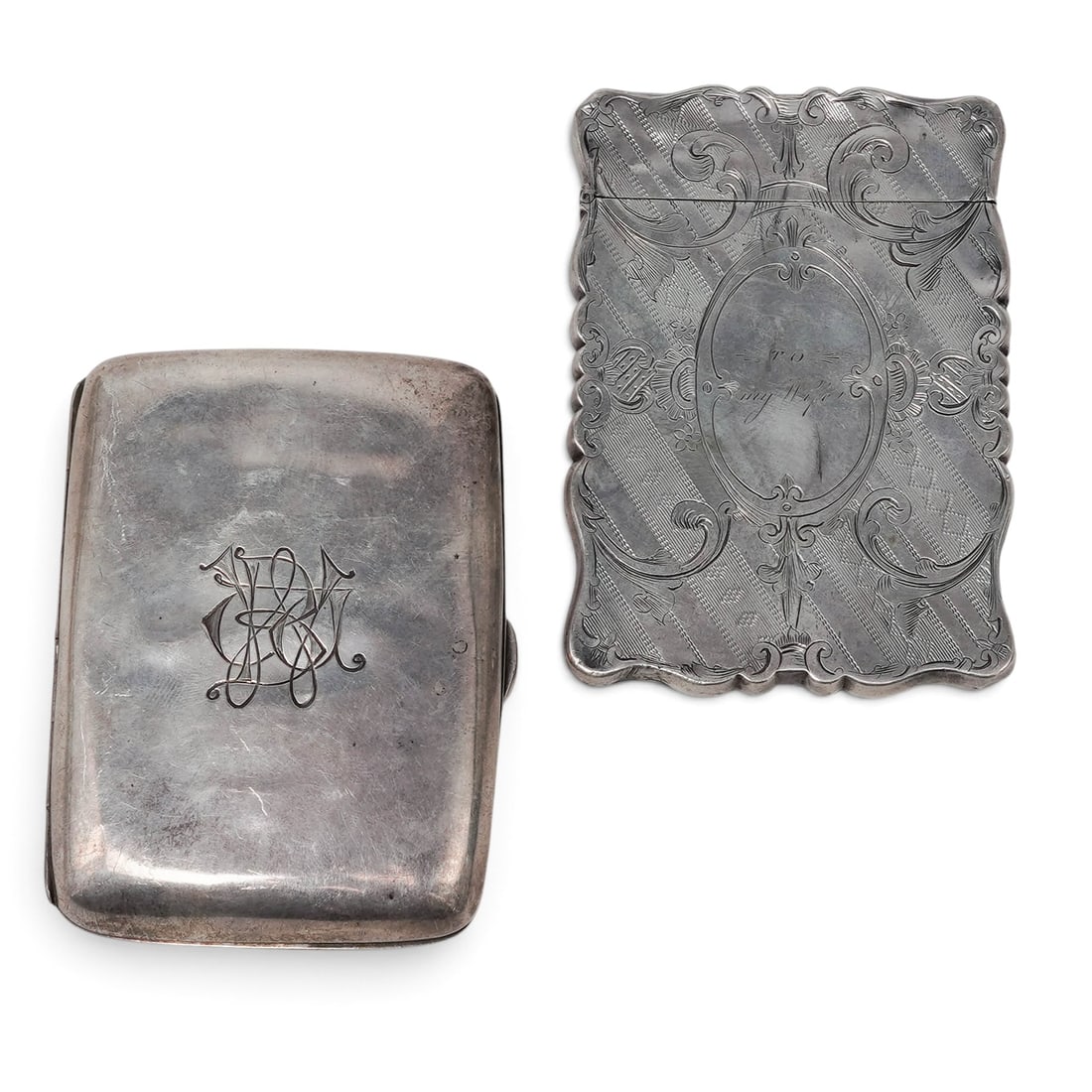 (3 Pc) Antique Sterling Cigarette & Card Cases: (3 Pc) Antique Sterling Cigarette & Card Cases C. 1910-1920, England Two Edwardian matching personal pocket accessories, Total weight 136g. Origin: Birmingham, England. Production Year: 1911 (Edwardia