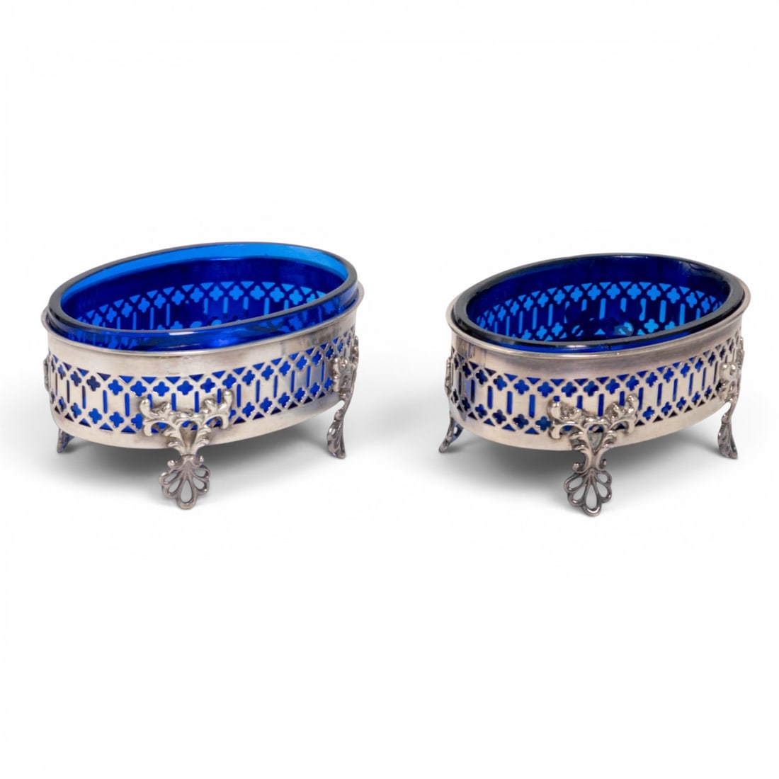 Pair Sterling Silver & Cobalt Glass Salt Cellars (1 of 6)