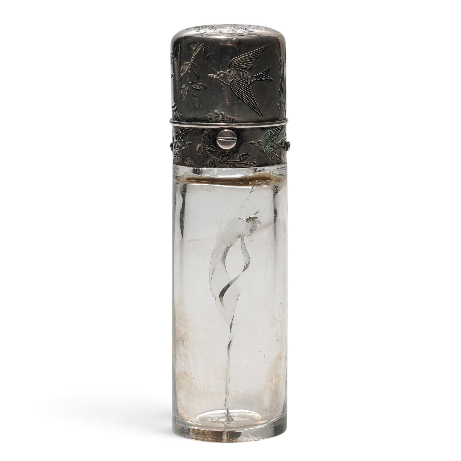 Antique Sterling Silver And Glass Perfume Bottle: Antique Sterling Silver And Glass Perfume Bottle 19th-early 20th century, European Antique perfume bottle featuring a clear glass body and a sterling silver cap with push button. Date from the late 19