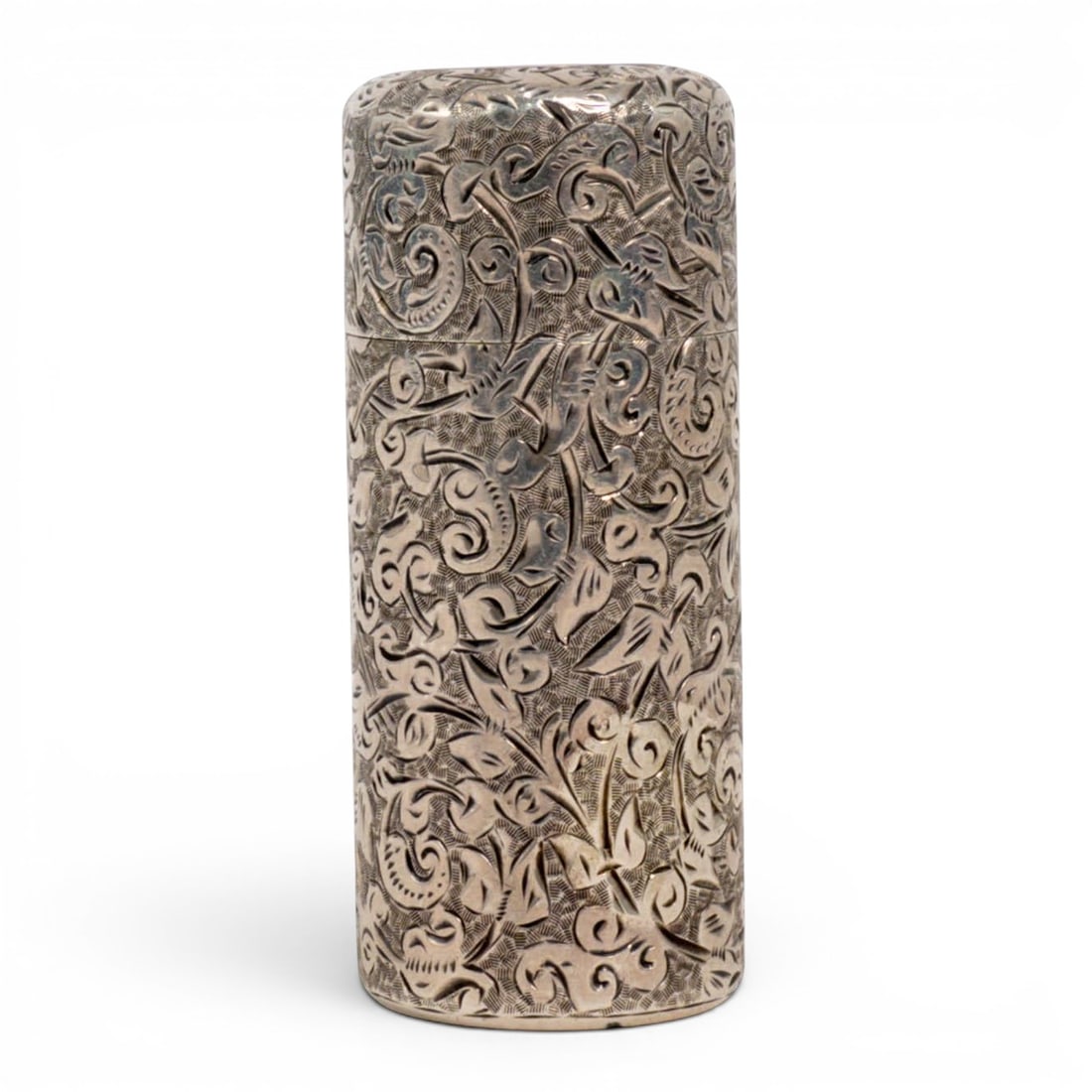 Sampson Mordan Co. Sterling Silver Scent Bottle: Sampson Mordan Co. Sterling Silver Scent Bottle Late 19th Cent, England Sampson Mordan & Co. sterling silver scent bottle with a hinged lid opening to a fitted glass stopper. The silver mount is richl