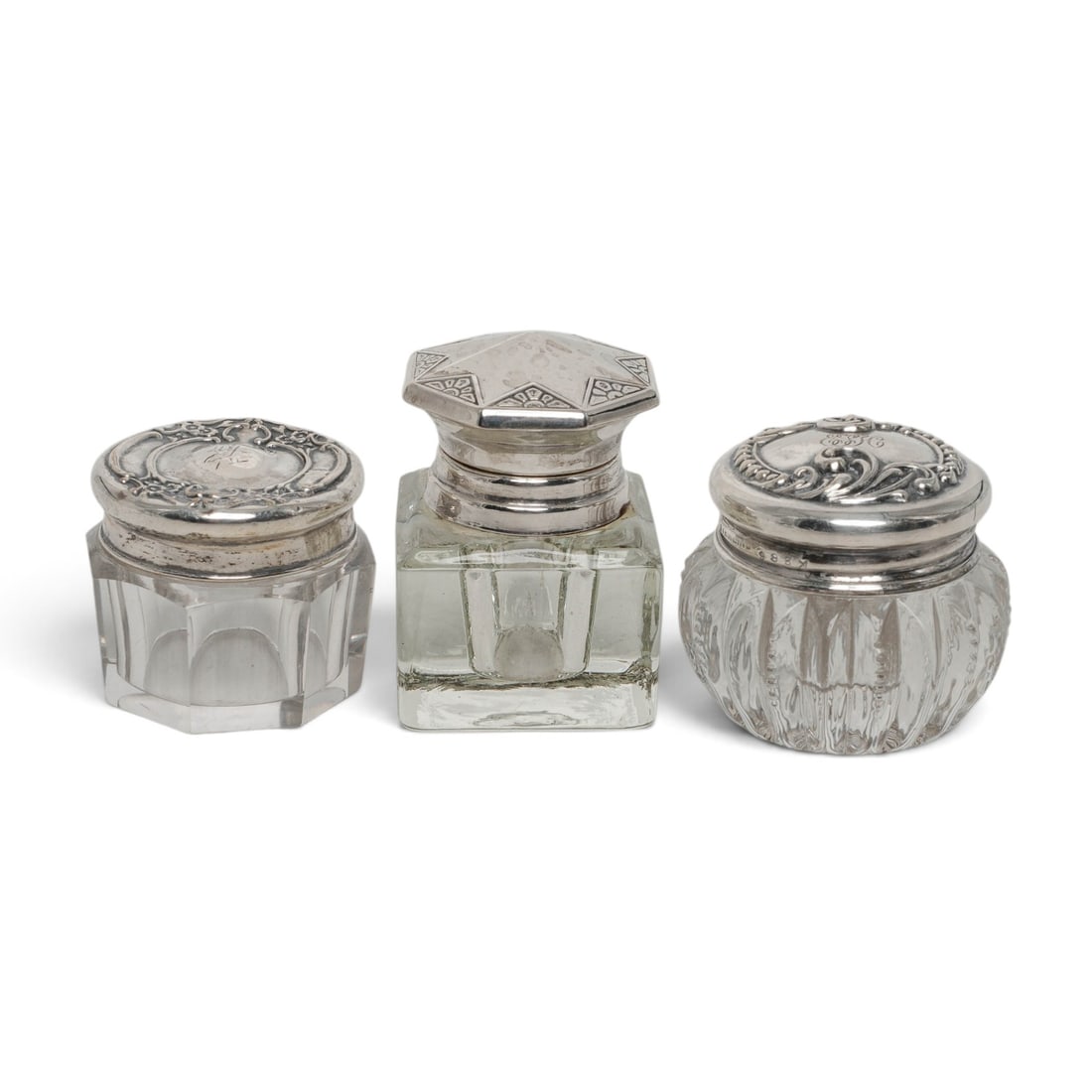 (3pc) Antique Victorian Sterling Silver & Glass Inkwells (1 of 6)