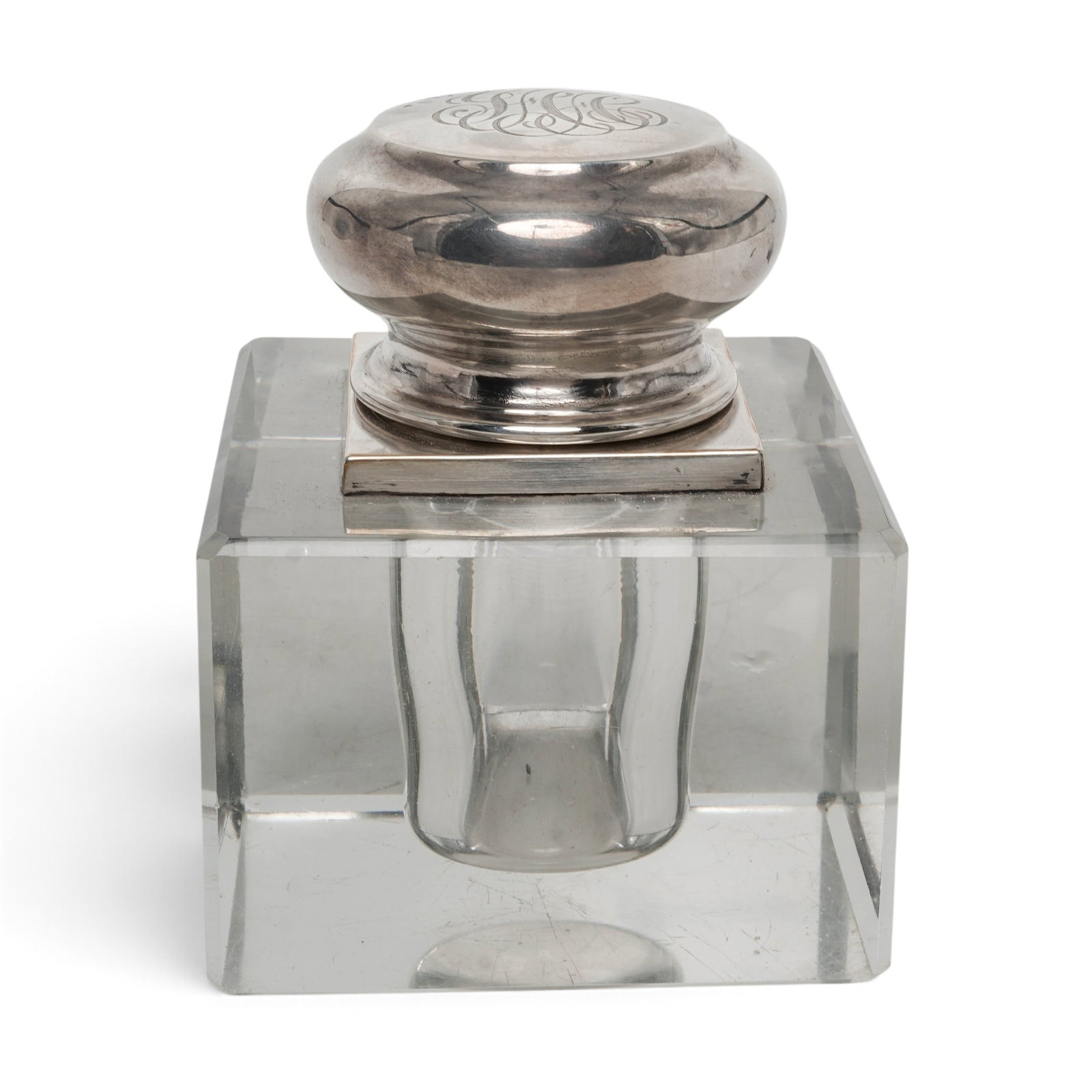 Antique Sterling Silver-Mounted Glass Desk Inkwell: Antique Sterling Silver-Mounted Glass Desk Inkwell c. 1876-1929, USA The inkwell is an exceptional piece of American luxury. It features a thick, heavy cube base made of cut glass or crystal paired wi