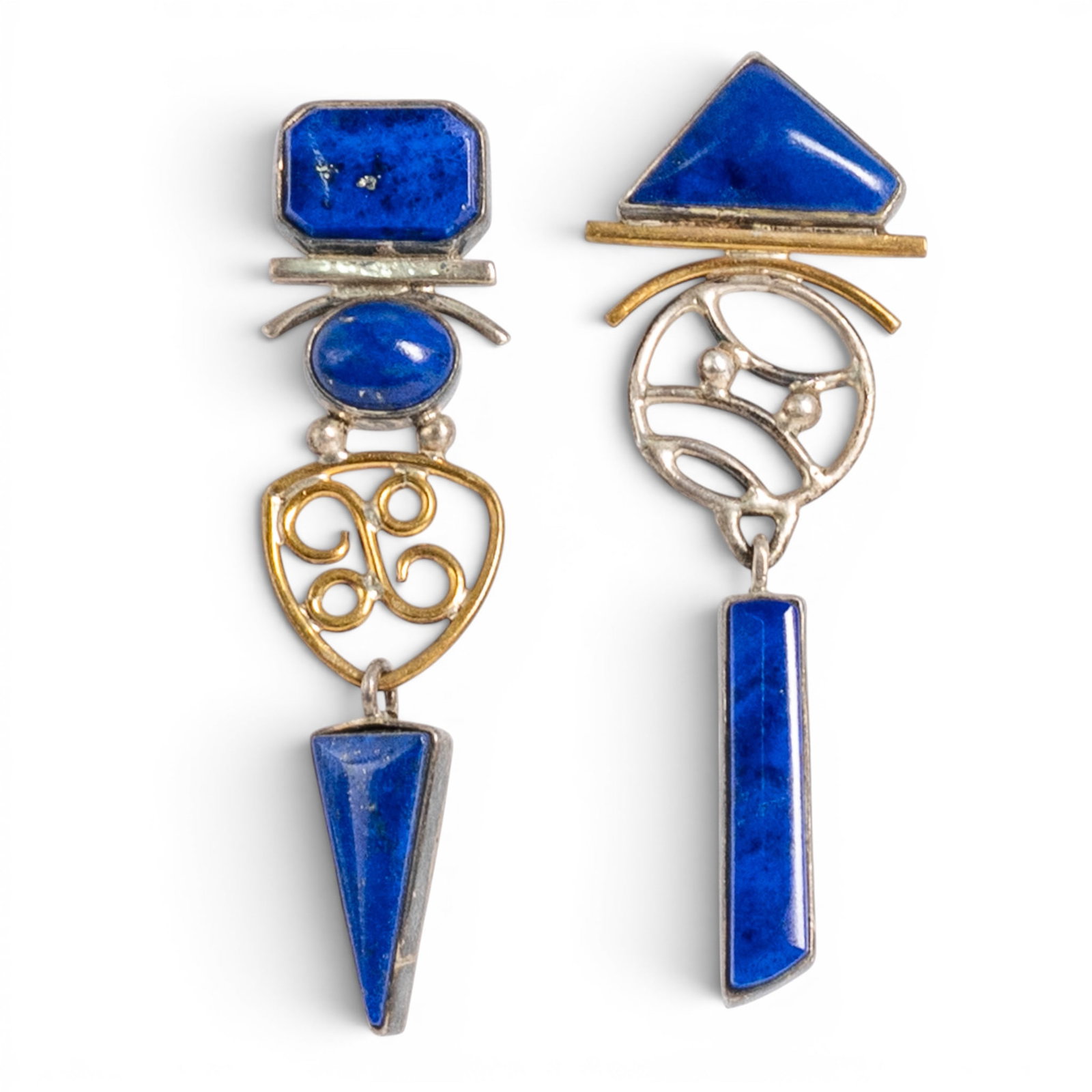 Jerry & Fran Harr Sterling Silver Lapis Lazuli Drop Earrings: Jerry & Fran Harr Sterling Silver Lapis Lazuli Drop Earrings 1990s, USA Handcrafted asymmetrical sterling silver drop earrings set with custom-cut geometric and cabochon lapis lazuli, featuring articu