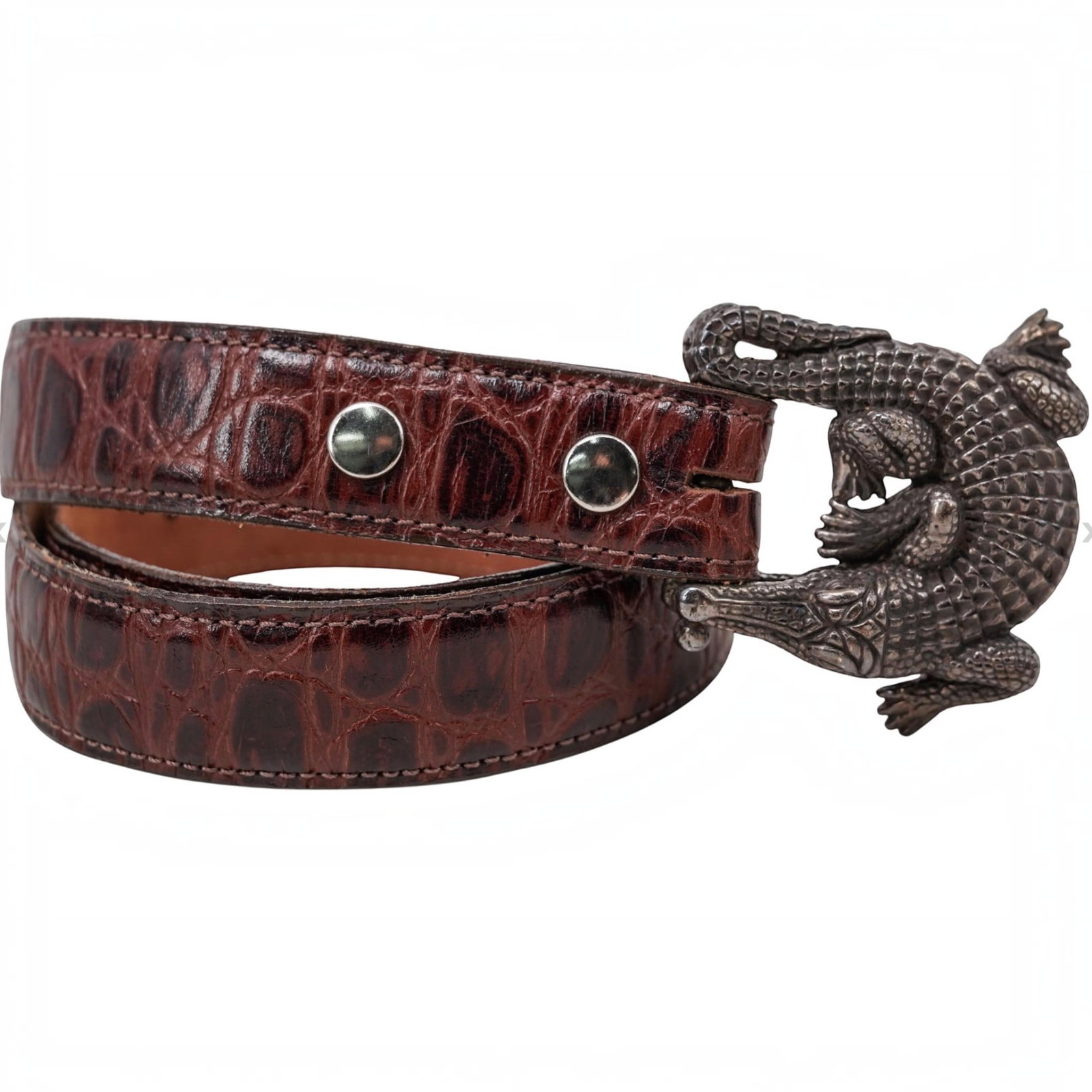 Vintage Kieselstein Style Sterling Silver Crocodile and Leather Belt: Vintage Kieselstein Style Sterling Silver Crocodile and Leather Belt A vintage leather belt with a reptile leather design and a sterling silver crocodile belt buckle in the style of designs by Barry K