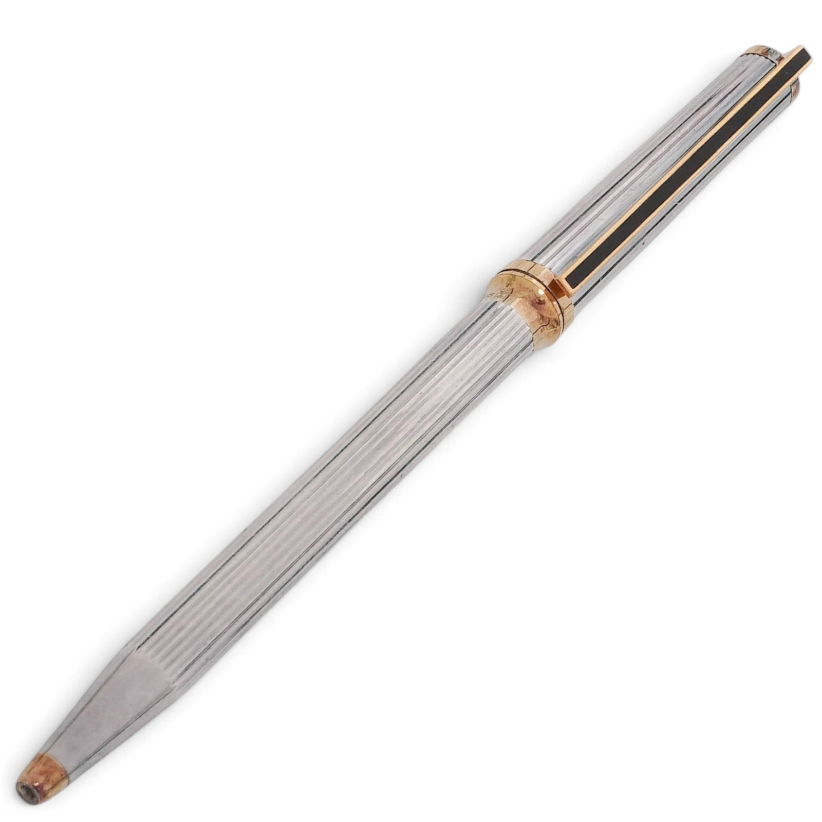 S.T. Dupont Montparnasse Ballpoint Pen: S.T. Dupont Montparnasse Ballpoint Pen Late 20th Century, France A luxury ballpoint pen from the Montparnasse collection featuring a vertically fluted silver-tone finish with yellow gold-toned clip an