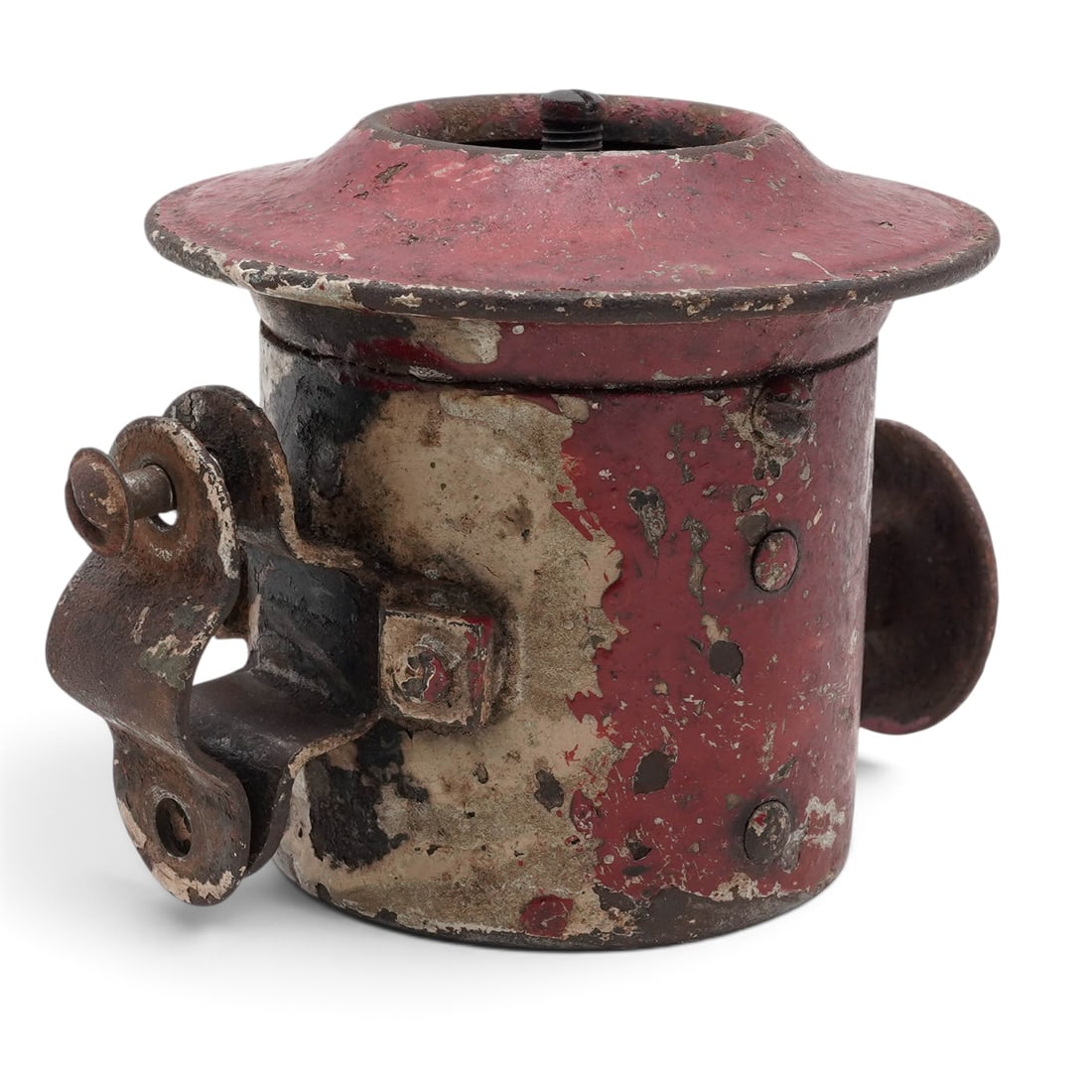 Antique Plunger Horn: Antique Plunger Horn Early 20th Cent, USA This early 20th-century mechanical plunger horn features a cylindrical red-painted metal body with a flared top cover and an integrated handlebar mounting
