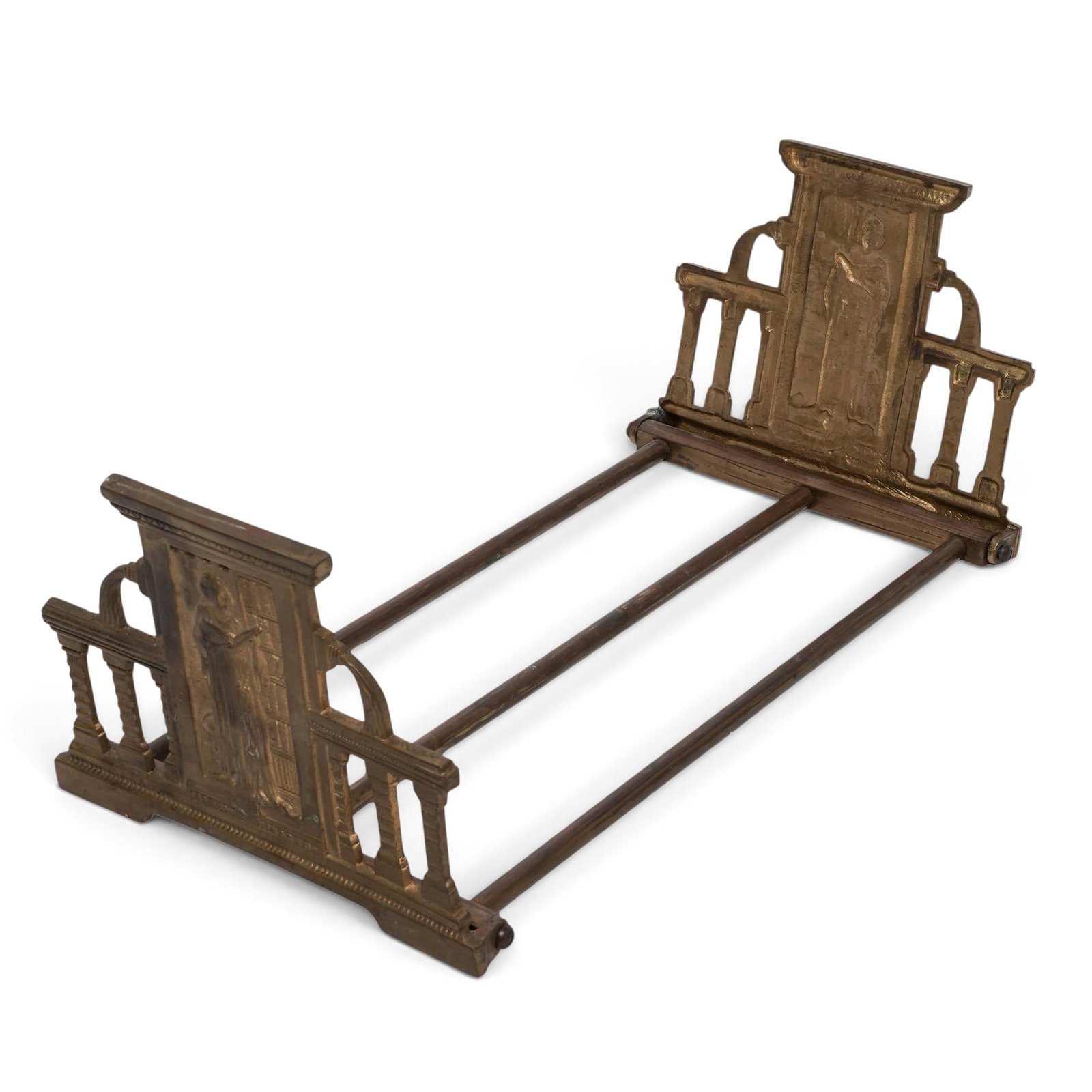 Art Nouveau Hippocrates Expanding Brass Bookrack: Art Nouveau Hippocrates Expanding Brass Bookrack Late 19th - Early 20th Cent, Likely USA This antique expanding brass bookrack features dual sliding panels decorated with a Neoclassical relief of a