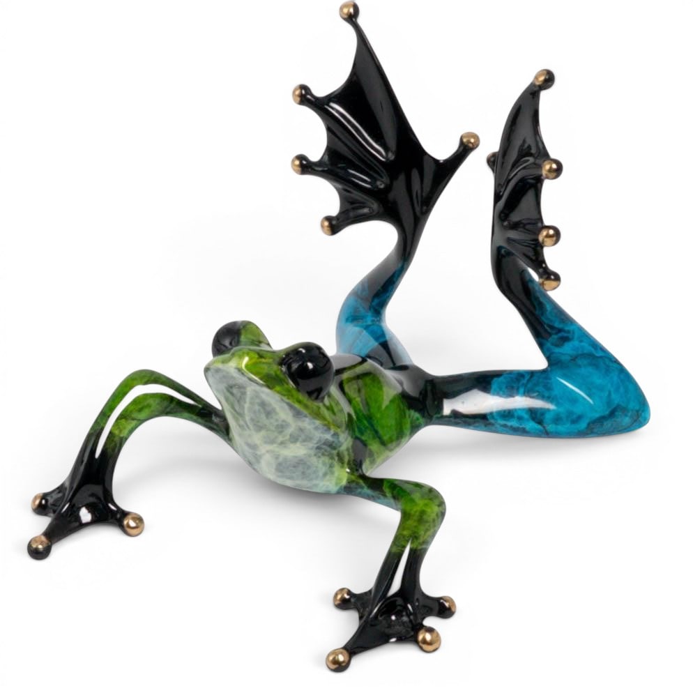Tim Cotterill "The Frogman" Bronze & Enamel Sculpture: Tim Cotterill "The Frogman" Bronze & Enamel Sculpture 20th - 21st Cent, USA This bronze frog sculpture by Tim Cotterill ("The Frogman") features a glossy green and blue body with black, gold-tipped