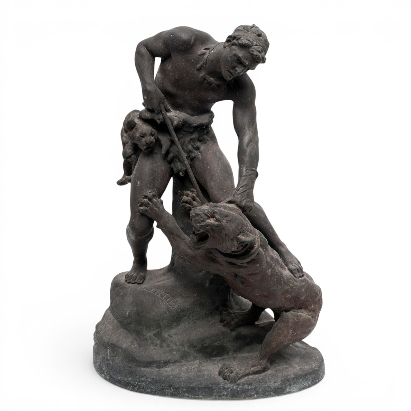 Thomas Francois Cartier (French, 1879-1943) "Chasseur à la panthère" Spelter Statue: Thomas Francois Cartier (French, 1879-1943) "Chasseur à la panthère" Spelter Statue Early 20th century, French This Large sculpture is a piece titled "Chasseur à la panthère" (Hunter and Panther)