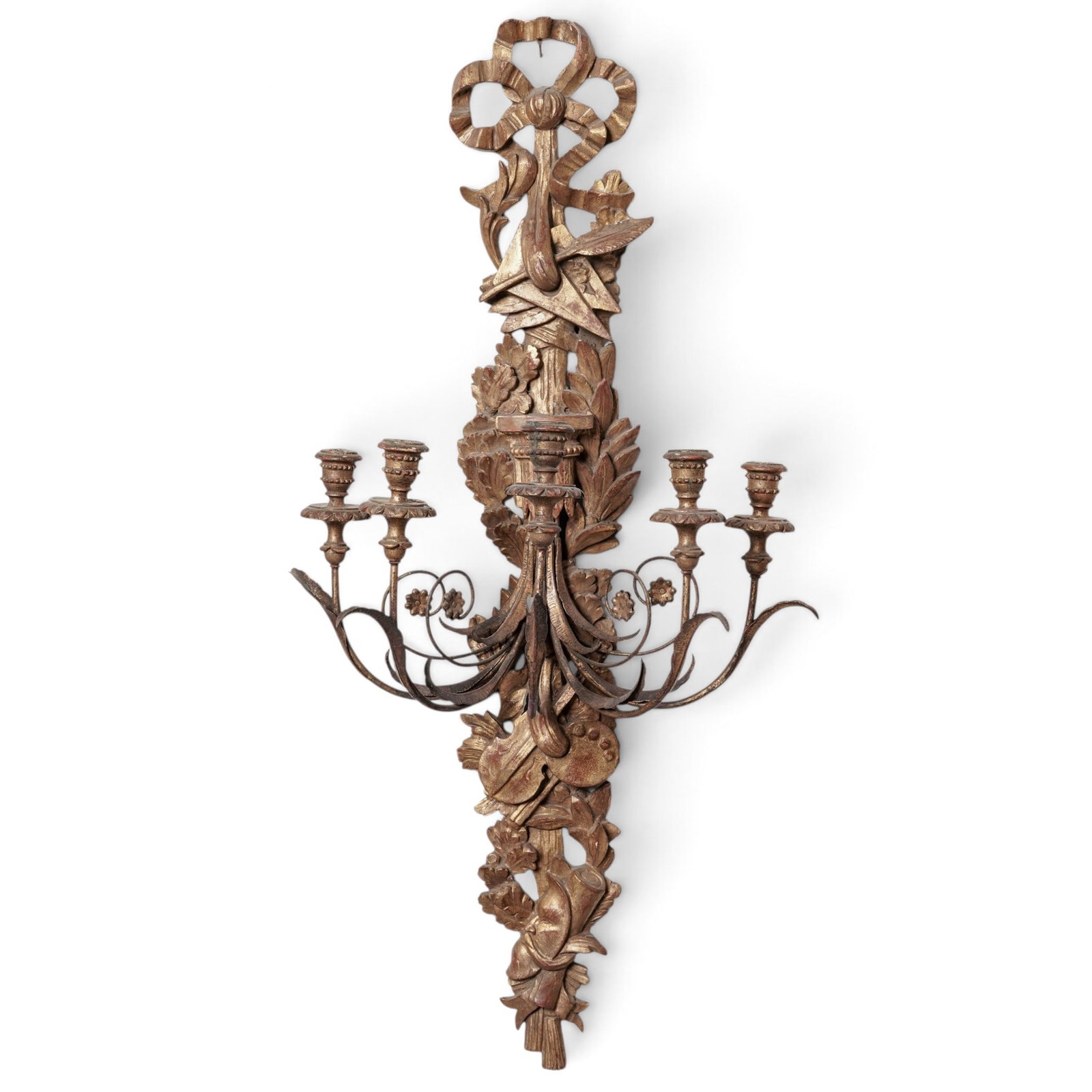 Antique Carved Giltwood Neoclassical Five Light Sconce: Antique Carved Giltwood Neoclassical Five Light Sconce Late 19th - 20th Cent, Likely France The selected item is a large giltwood wall sconce, designed in the Neoclassical style. It features a finely