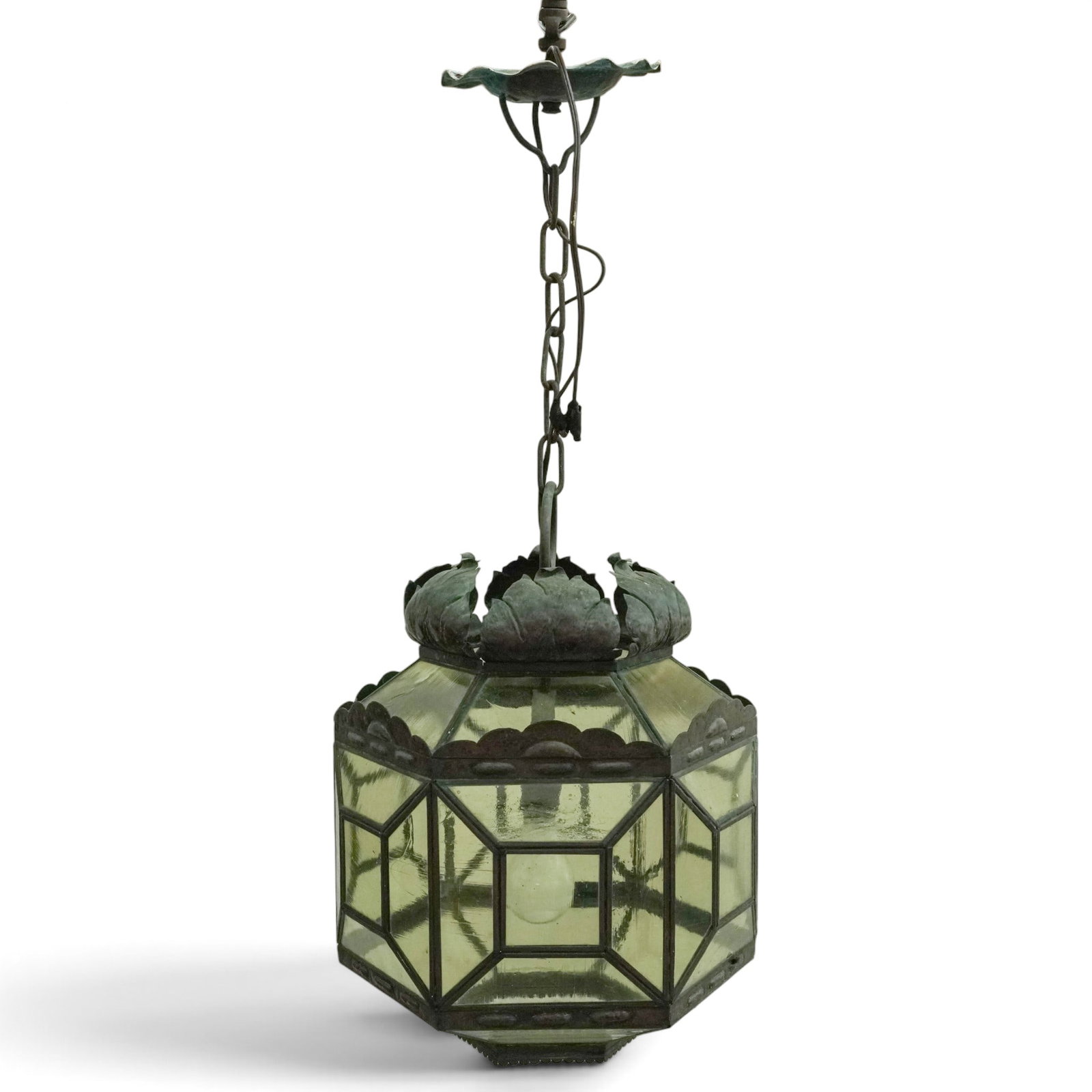 Arts & Crafts Leaded Glass Hanging Hall Lantern: Arts & Crafts Leaded Glass Hanging Hall Lantern Mid-20th Century Arts & Crafts style hanging lantern featuring an octagonal leaded glass shade with beveled green-tinted glass panels in a geometric