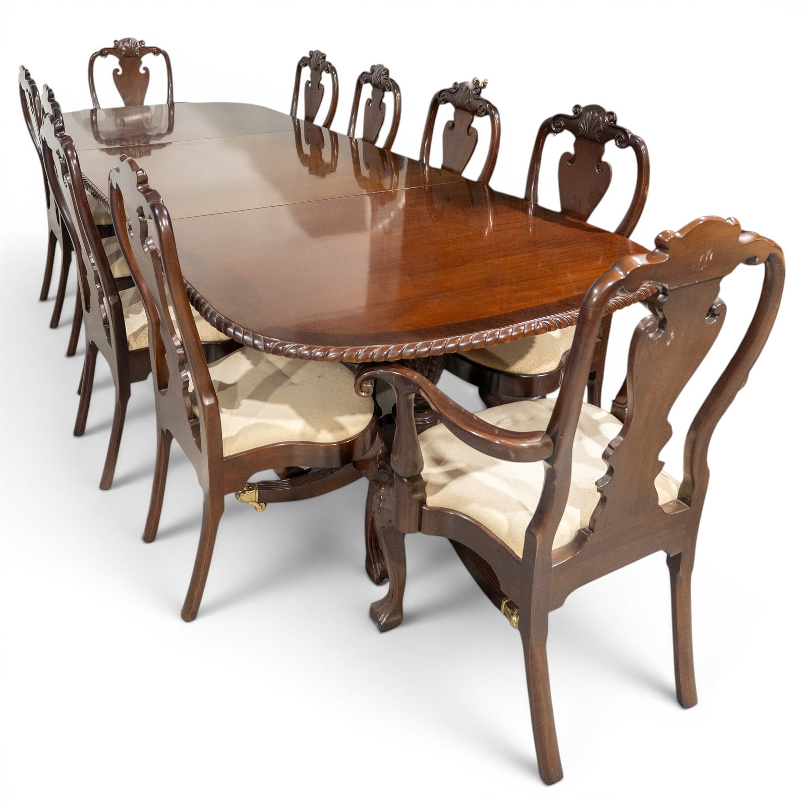 The Froelich Co. Georgian Chippendale-Style Dining Set: The Froelich Co. Georgian Chippendale-Style Dining Set Late 20th Century, USA A vintage Georgian Chippendale-style formal dining set comprising of an extendable double-pedestal dining table, eight
