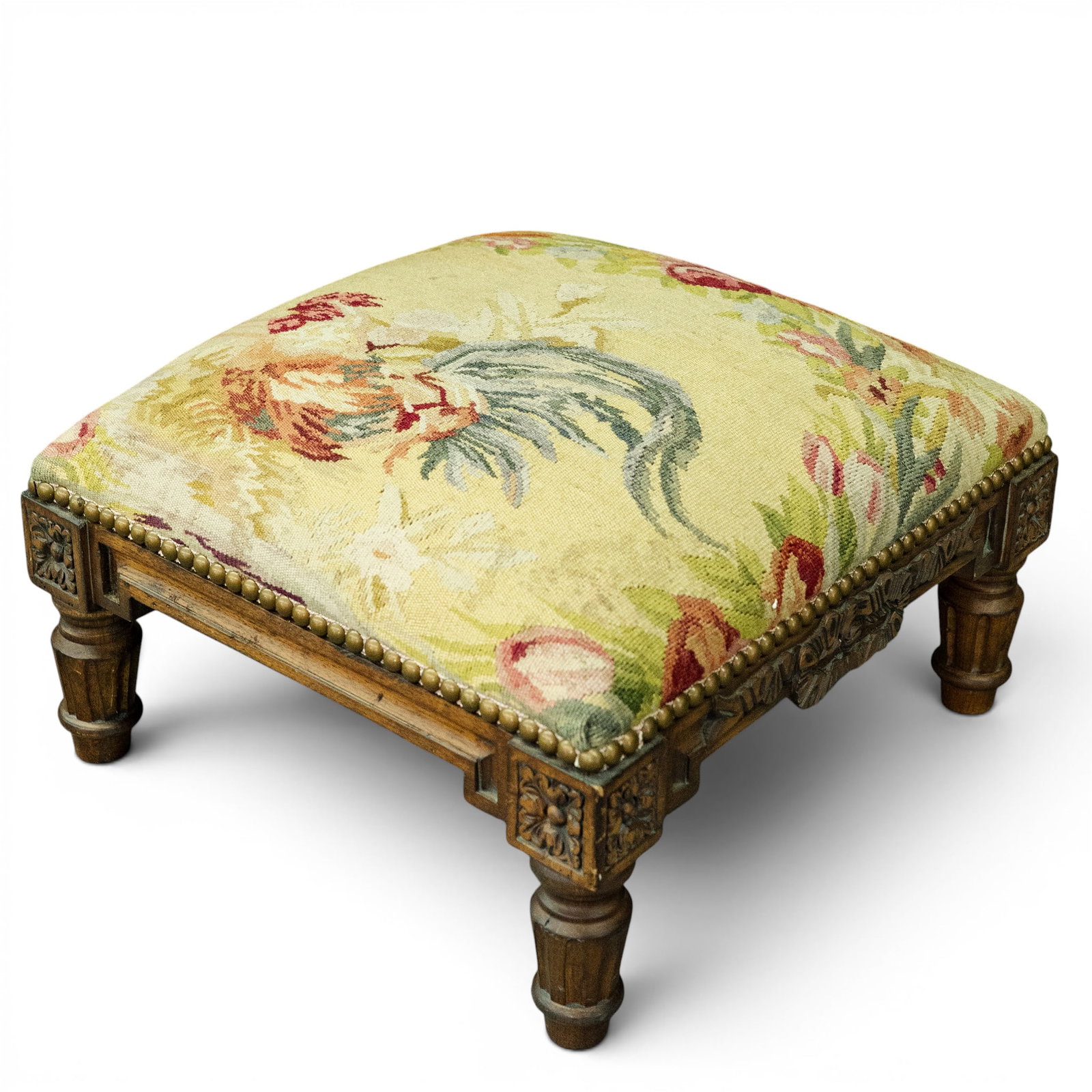 Antique French Louis XVI Carved Wood & Needlepoint Stool (1 of 5)