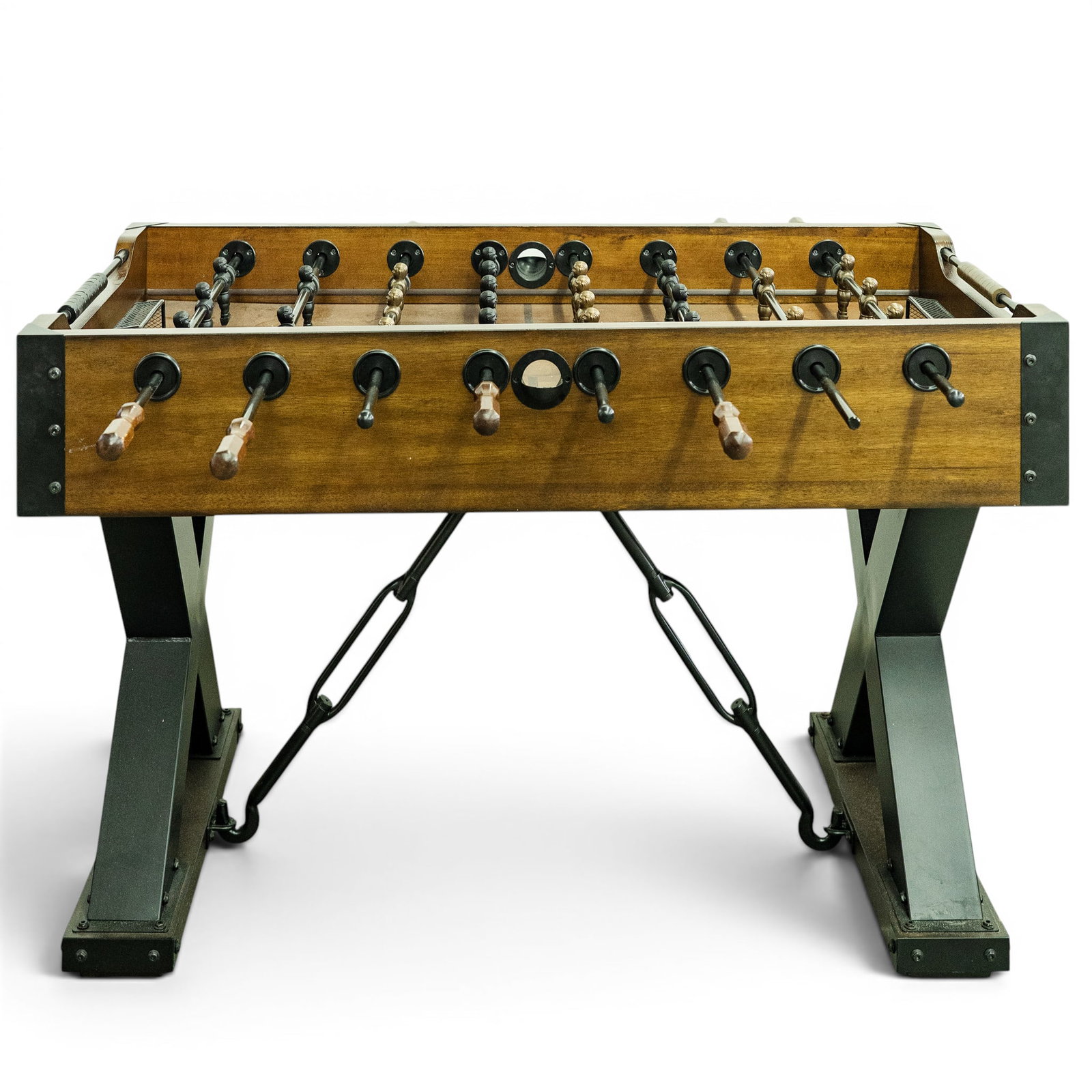 Industrial Farmhouse Foosball Table: Industrial Farmhouse Foosball Table 21st century An industrial farmhouse style foosball table. Features a distinct X-pattern steel support legs and reinforced dark metal corner brackets and a