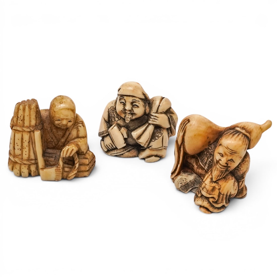 (3 pc) Bone Carved Figural Japanese Netsuke (1 of 10)