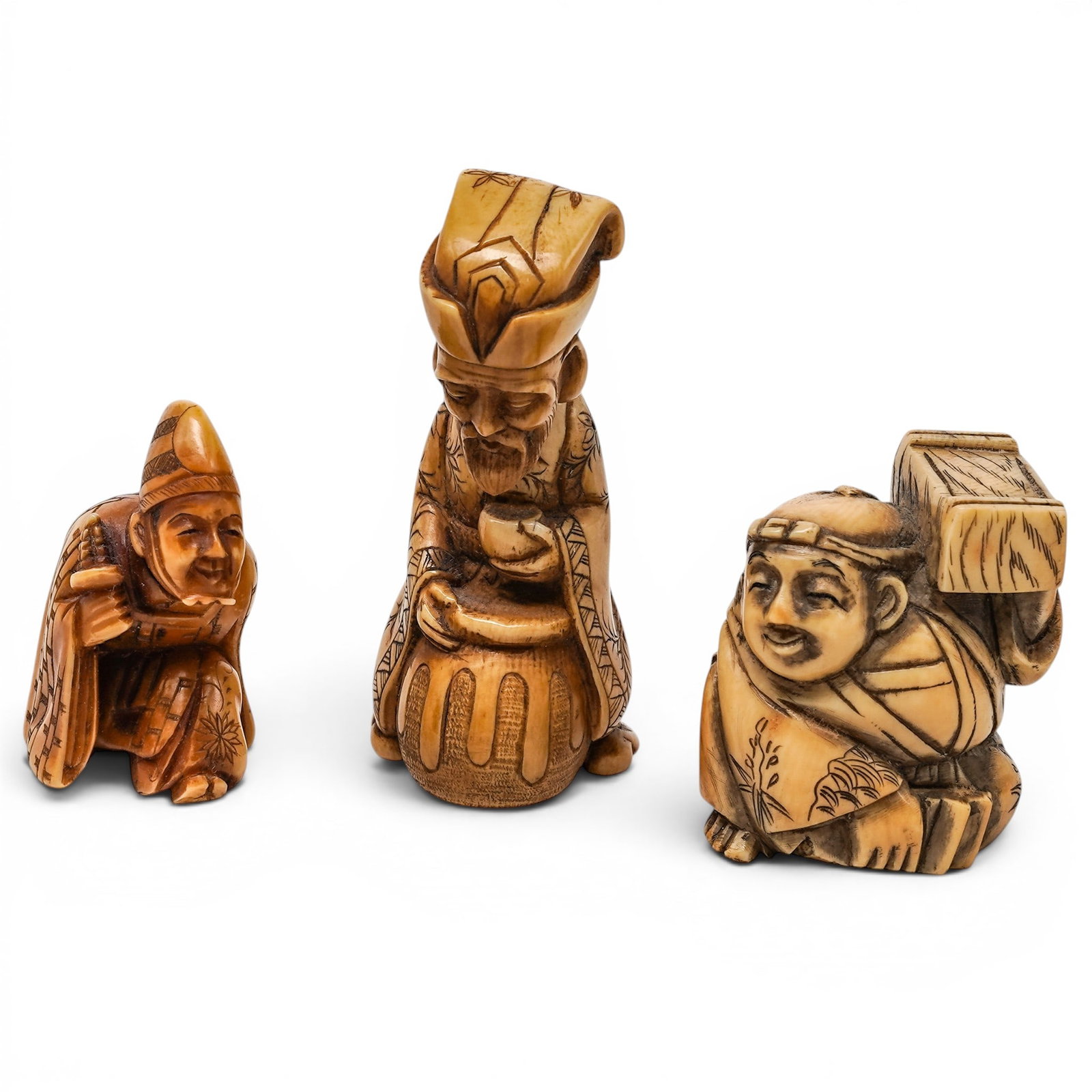 (3 pc) Japanese Carved Bone Netsukes (1 of 11)