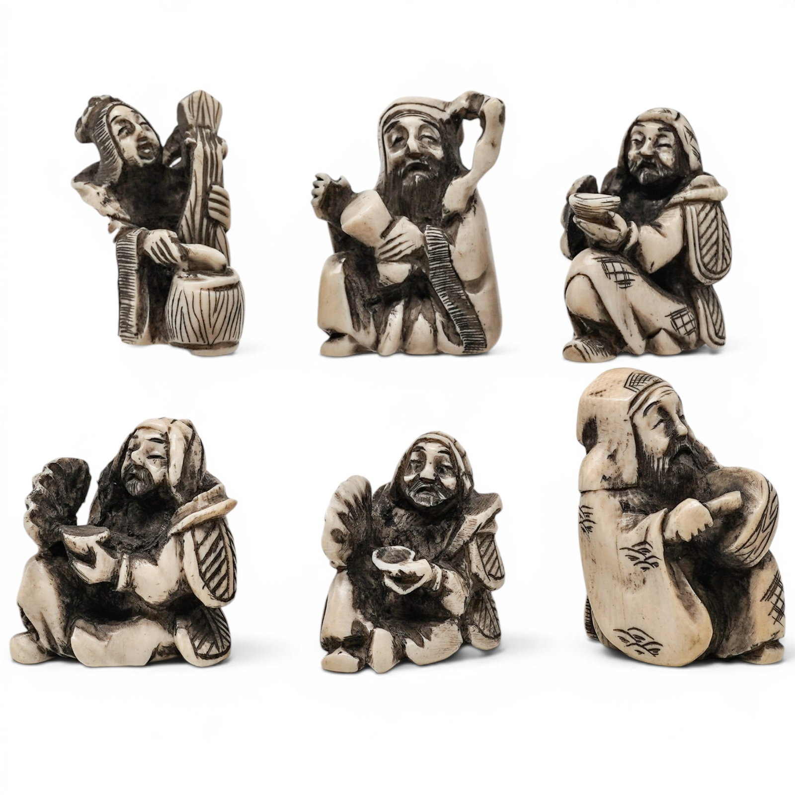(6 pc) Japanese Carved Bone Netsukes Figurines (1 of 9)