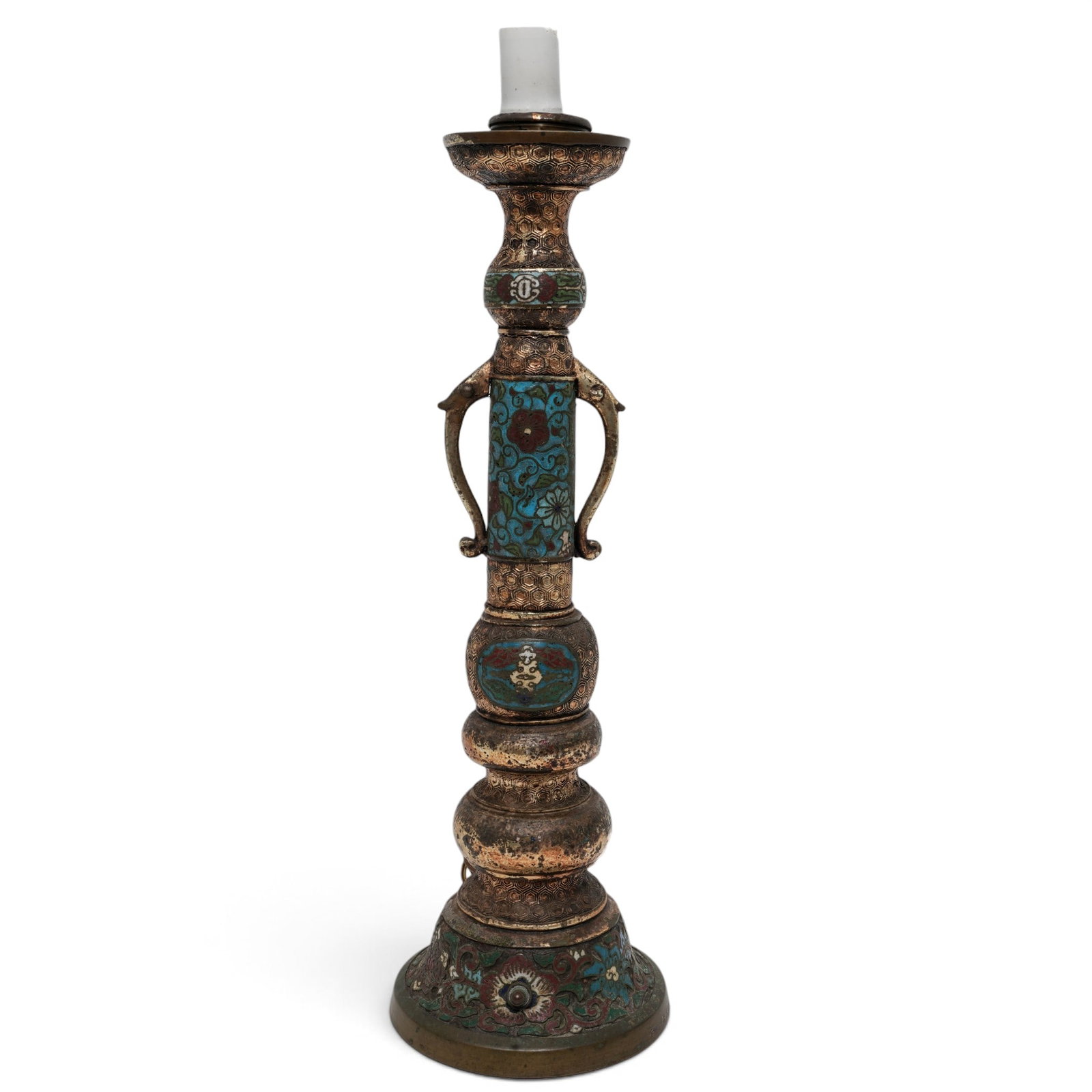Chinese Qing Champleve & Cloisonne Candlestick/Converted Lamp (1 of 10)