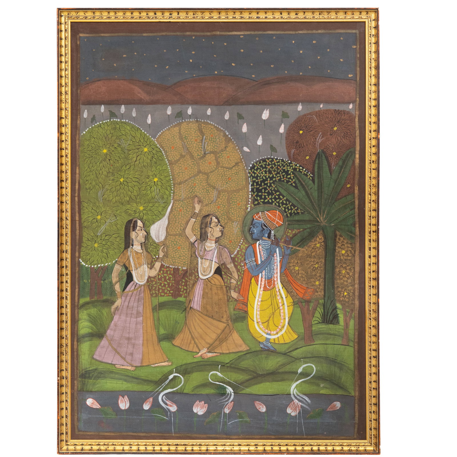 Indian Silk Painting of Krishna w/ Gopis: Indian Silk Painting of Krishna w/ Gopis Early 20th century, Indian An Indian silk painting of Lord Krishna playing his flute (bansuri) for two milkmaids (Gopis) in a lush, forest setting. Signed fain