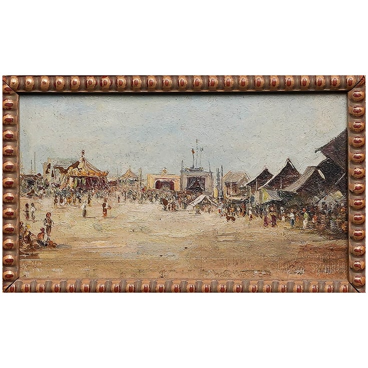 Constantin (Costion) Ionescu (Romanian, 1913-1999) "Fair" Oil Painting: Constantin (Costion) Ionescu (Romanian, 1913-1999) "Fair" Oil Painting 20th century, Romanian Oil-on-cardboard miniature oil painting titled "Fair" by Romanian impressionist Constantin (Costion) Iones
