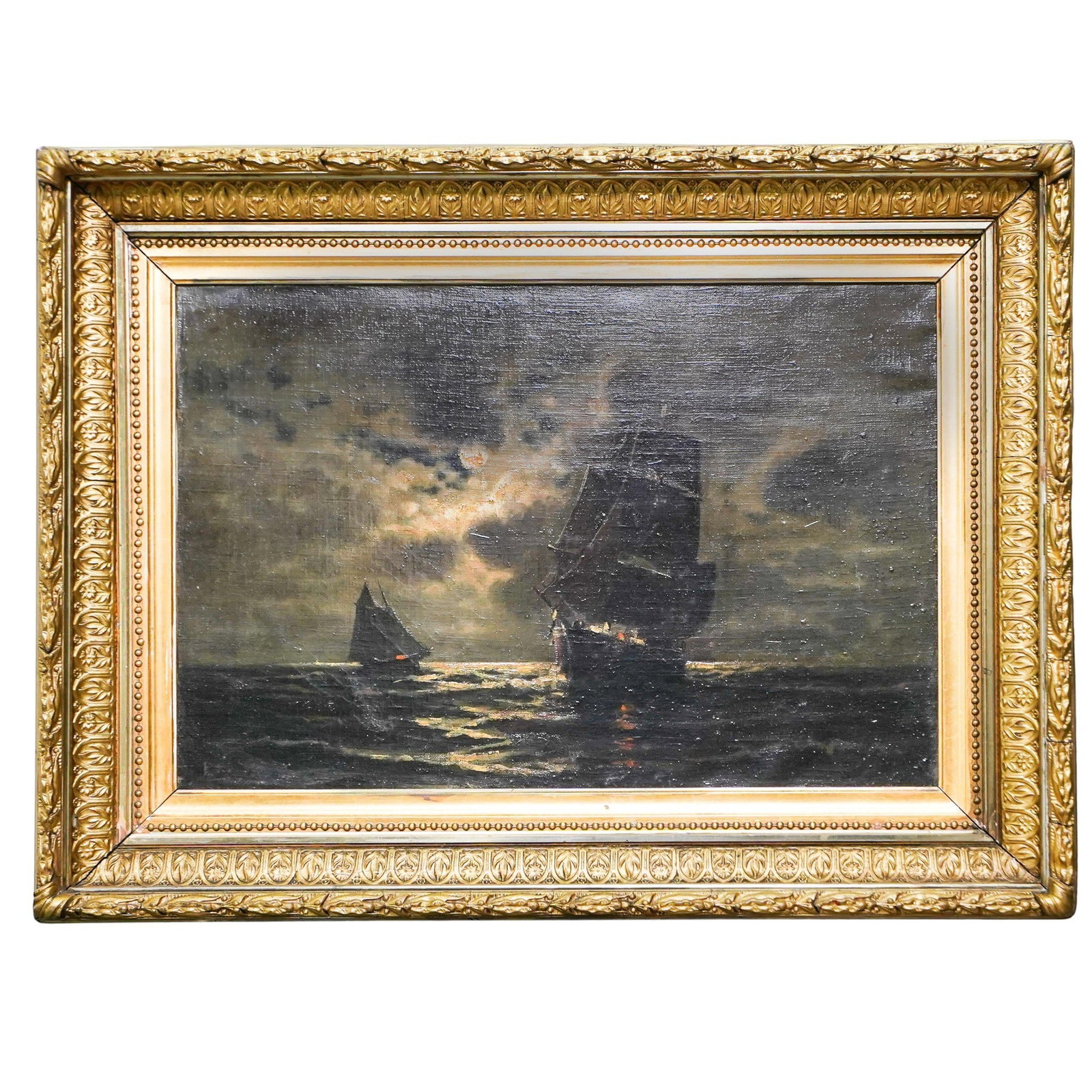 19th Century Nocturnal Maritime Oil On Canvas Painting: 19th Century Nocturnal Maritime Oil On Canvas Painting 19th Century, Continental 19th century nocturnal maritime oil on canvas painting, depicting a schooner trailing a sqaure rigger under a full moon