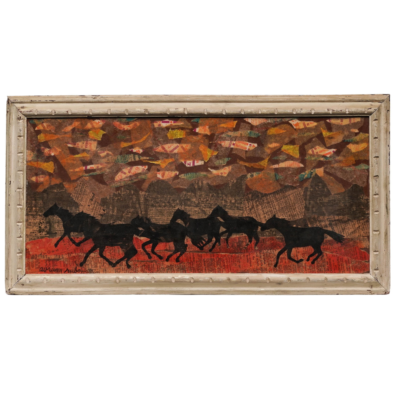 Avrum Rubinstein 'Running Herd,' Mixed Media on Panel: Avrum Rubinstein 'Running Herd,' Mixed Media on Panel Mid 20th Century Abstract mix media collage featuring layered newspaper clippings, black running horse silhouettes, and vibrant paper fragments in