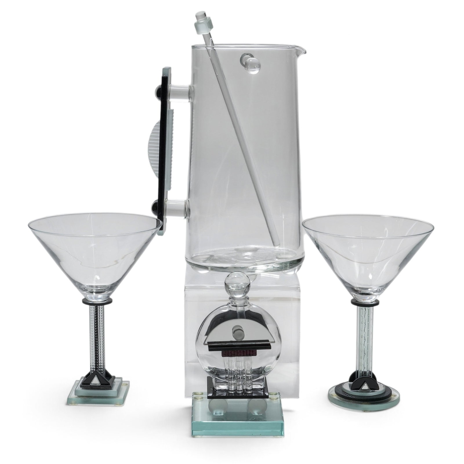 (4pc) George Ponzini (American b. 1952) Glass Martini Set & Perfume Bottle