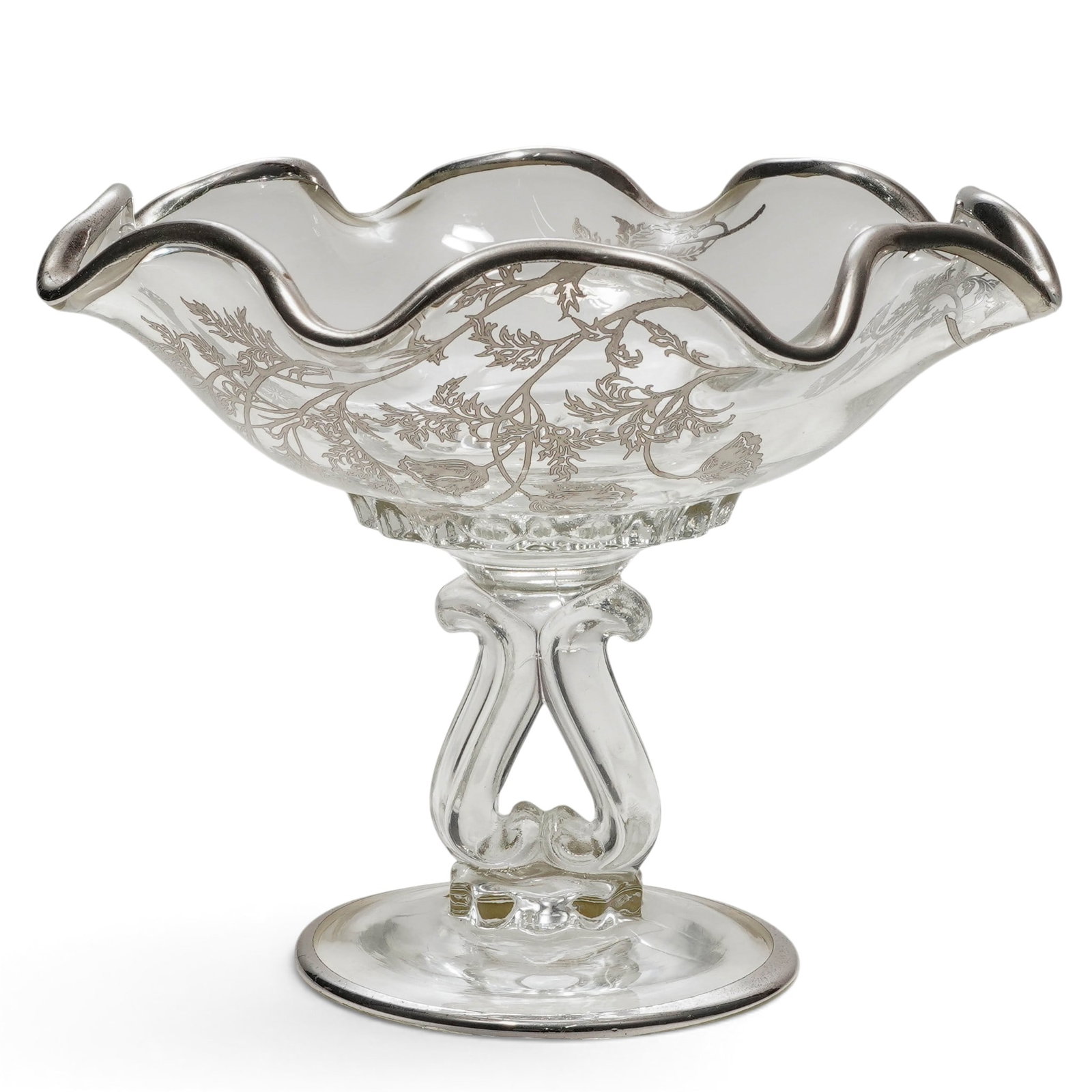 Heisey Style Sterling Silver Overlay Glass Compote Pedestal Dish: Heisey Style Sterling Silver Overlay Glass Compote Pedestal Dish 20th century, USA This vintage pedestal dish is a clear glass compote featuring a sterling silver poppy pattern overlay and a ruffled