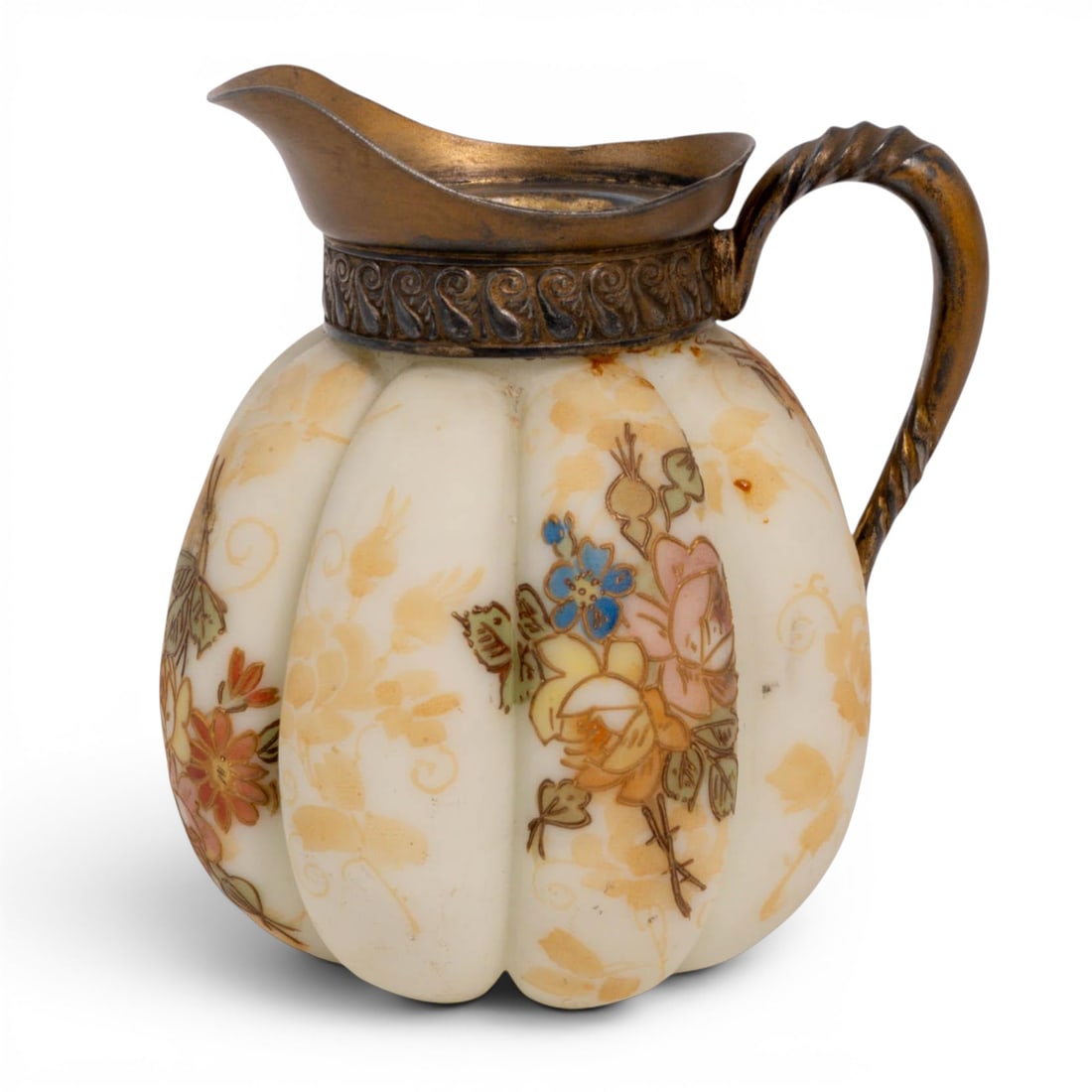 Mt. Washington Crown Milano Glass Lobed Creamer: Mt. Washington Crown Milano Glass Lobed Creamer Late 19th Cent, USA An antique Victorian Mt. Washington glass creamer pitcher, circa 1880–1895, featuring a signature melon-ribbed custard glass body