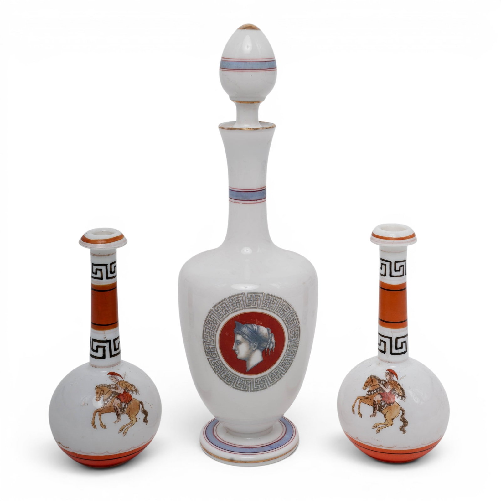(3 pc) French Opaline Glass Decanter w/ Greco-Roman portraits & Two Vases: (3 pc) French Opaline Glass Decanter w/ Greco-Roman portraits & Two Vases 19th century, French Lot includes: (1) This is a 19th-century French Opaline glass decanter, designed in the Grand Tour