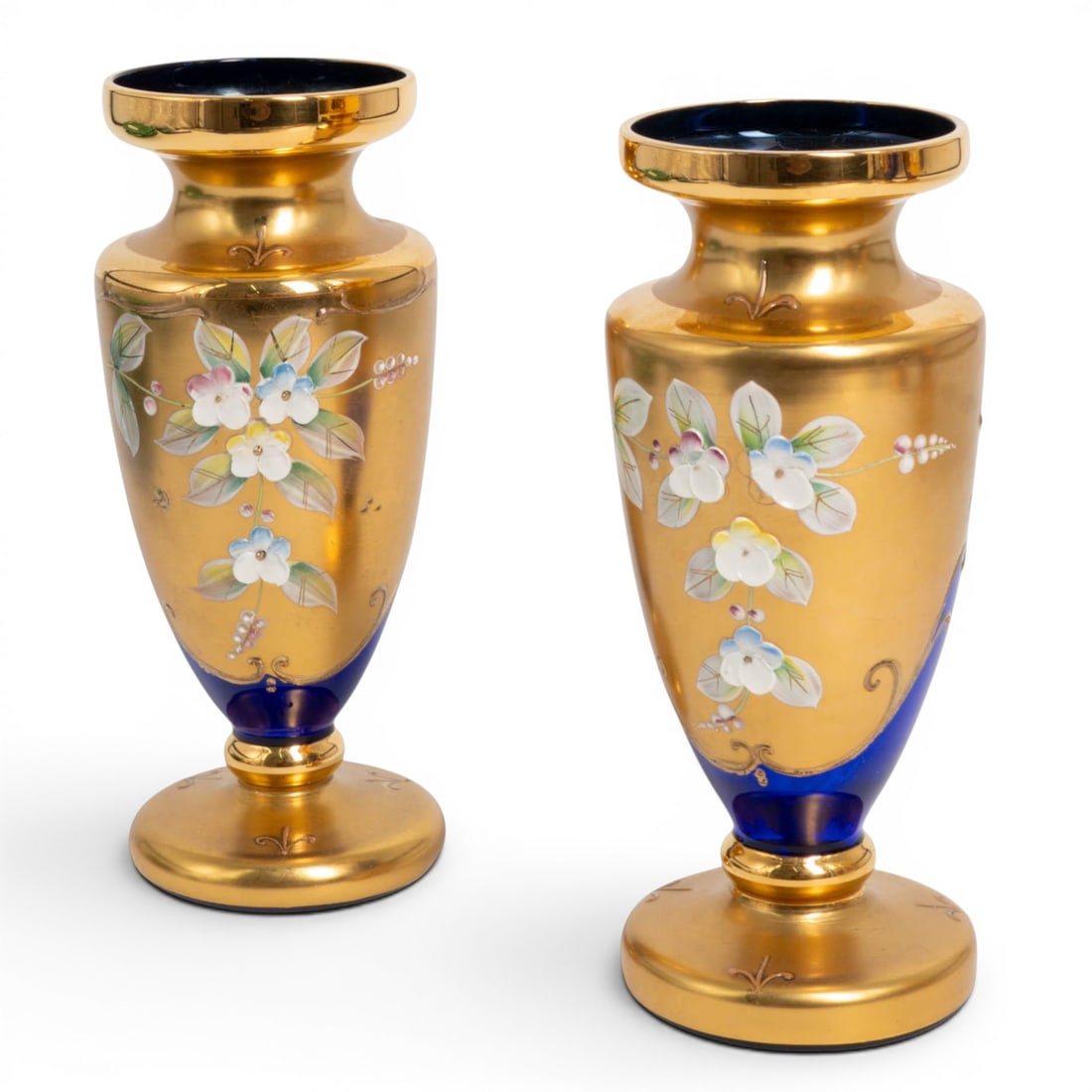 Pair Of Bohemian Cobalt Blue Glass & Gilt Vases: Pair Of Bohemian Cobalt Blue Glass & Gilt Vases Mid 20th Cent.,Czech. Crafted from deep cobalt blue glass that is lavishly overlaid with 24K gold leaf gilding. Featuring intricate gilding and raised