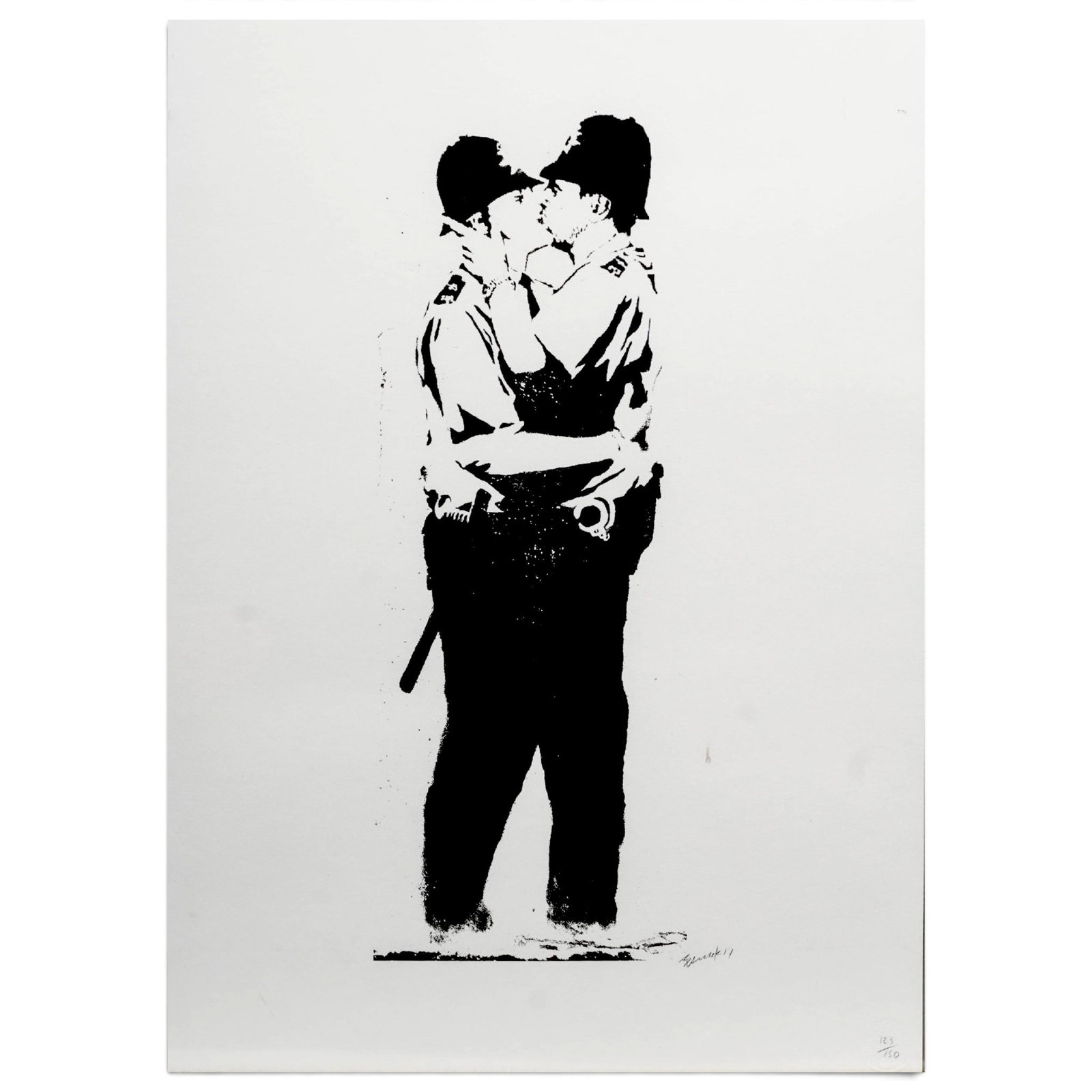 After Bansky "Kissing Coppers" Limited Edition Print: After Bansky "Kissing Coppers" Limited Edition Print 20th century, British This is a framed art print titled "Kissing Coppers," a famous graffiti piece by artist Banksy. The piece features official