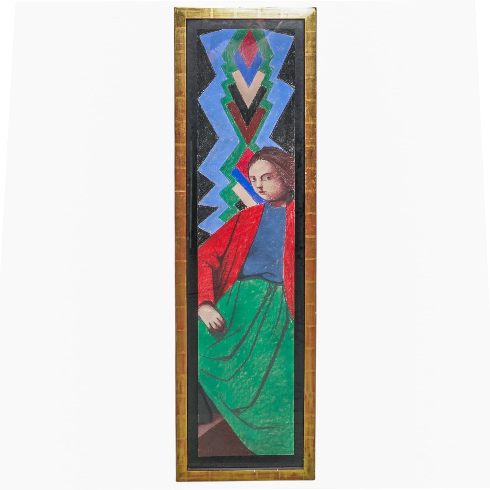 Louise Scott (Canadian. 1936-2007) Pastel on Board: Louise Scott (Canadian. 1936-2007) Pastel on Board 20th century Pastel on board illustration featuring a female figure with geometric imagery executed in vibrant color tones. Mounted in a gilt