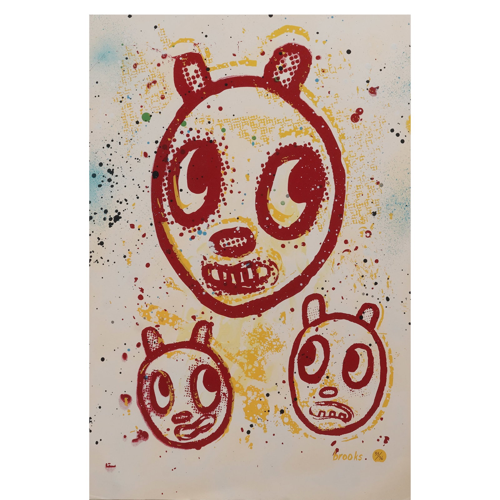 Kyle Brooks (American, b. 1974) Lithograph: Kyle Brooks (American, b. 1974) Lithograph 20th century, USA Kyle Brooks 33/36 lithograph, features cartoonish bear faces rendered in red ink with yellow and blue splatters. The style shares