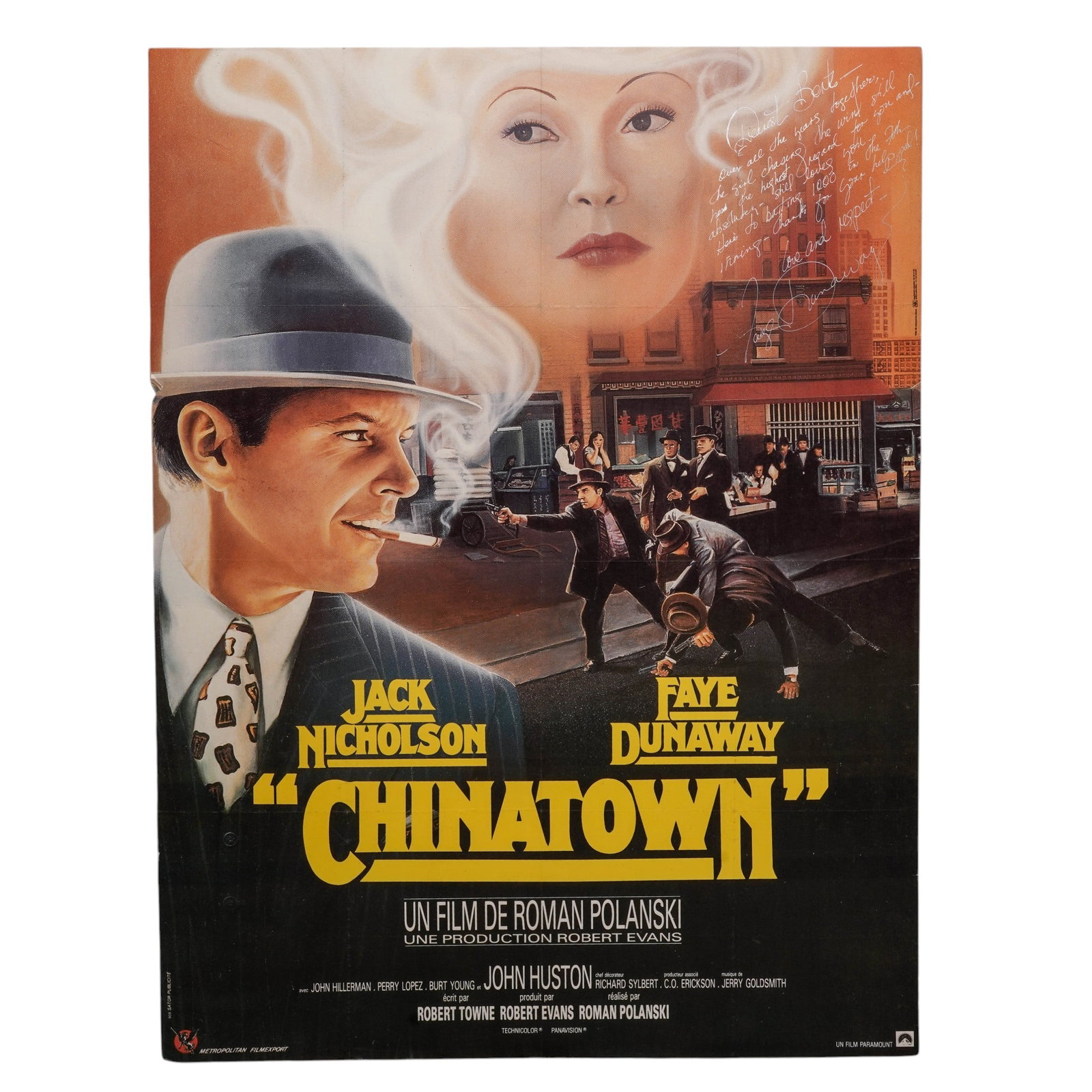 Large "Chinatown" Film Poster Signed by Faye Dunaway: Large "Chinatown" Film Poster Signed by Faye Dunaway 1974, USA Extra large framed film poster for the 1974 mystery movie, “Chinatown”, which starred Jack Nicholson and Faye Dunaway. The poster