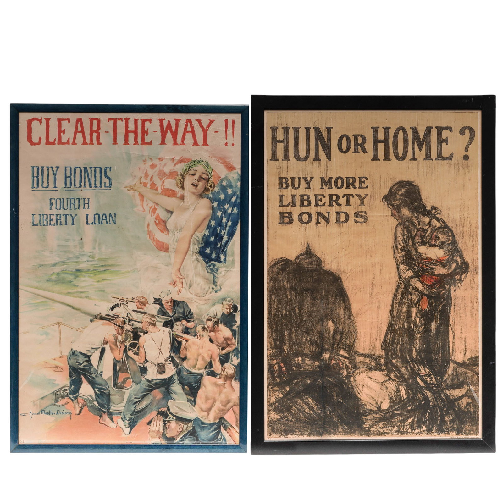 (2 pc) WWI "Clear the Way" and "Hun or Home" Posters: (2 pc) WWI "Clear the Way" and "Hun or Home" Posters 1918, USA (1) Original 1918 World War I propaganda poster designed by famous American illustrator Howard Chandler Christy for the Fourth Liberty Lo