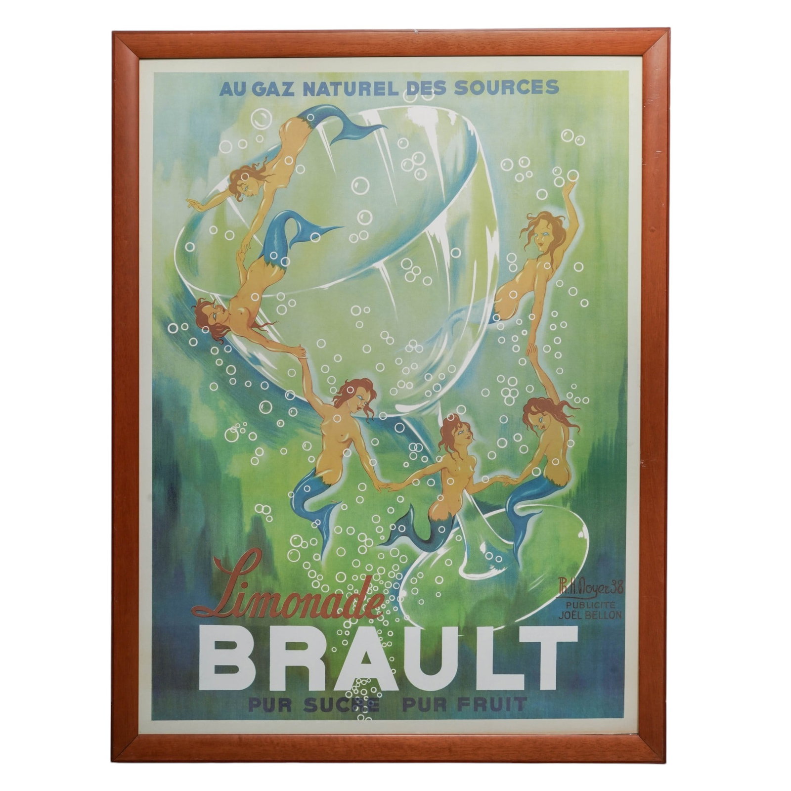 After Philippe Henri Noyer (1917-1985) Brault Poster Print On Board: After Philippe Henri Noyer (1917-1985) Brault Poster Print On Board 20th century, French Poster on board for Limonade Brault by R.H. Noyer featuring an image of a glass submerged in water surrounded b